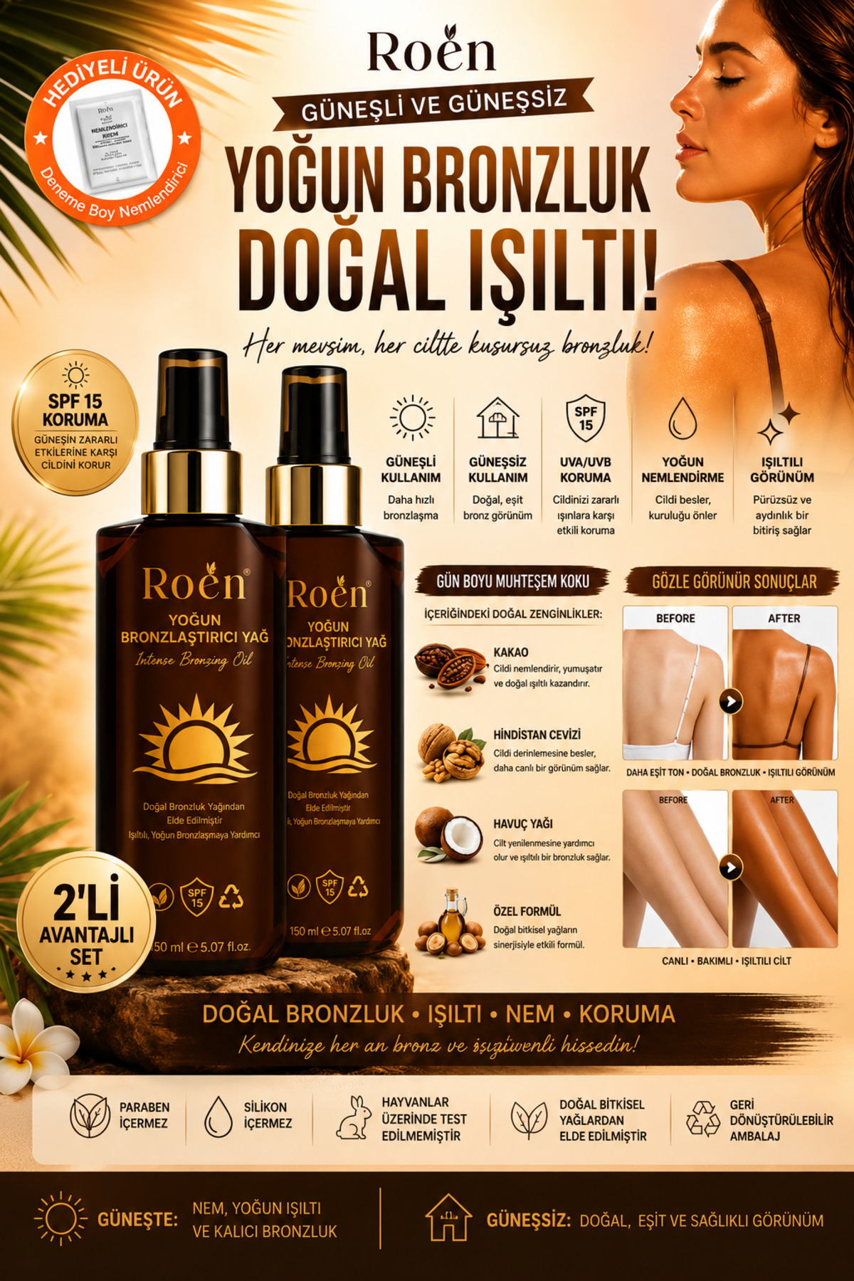 روغن برنزه کننده قوی، عصاره نارگیل، مناسب برای آفتاب و غیر آفتاب با SPF 15 (150 میلی لیتر × 2) — RNB039430 — تصویر 3 از 7