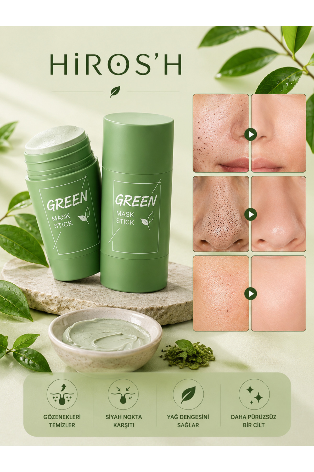 HİROS'H Yeşil Çay Özlü Siyah Nokta Ve Maskesi & Green Tea Mask Stick — Yeşil Maske