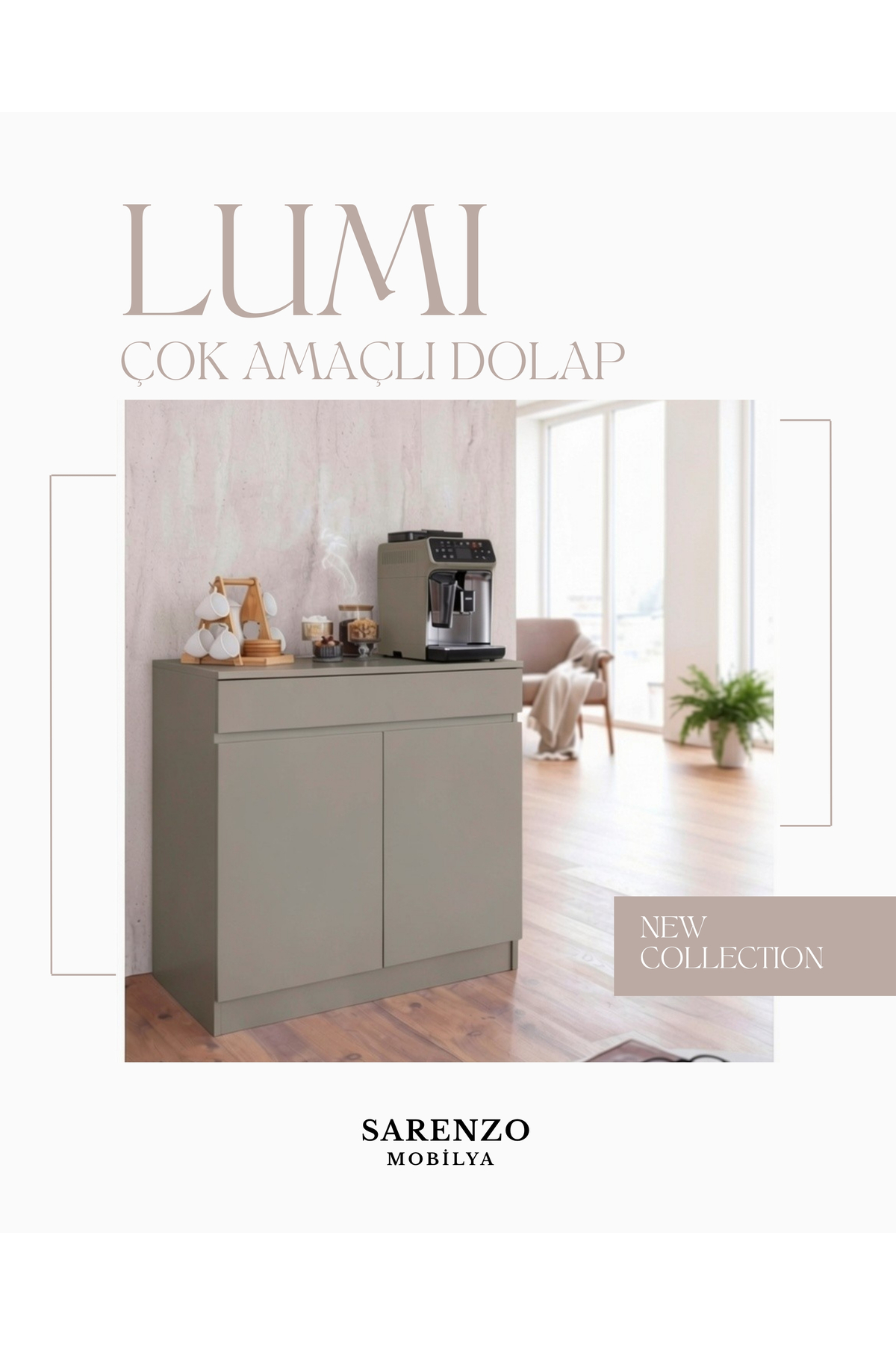 Sarenzo Lumi Çok Amaçlı Dolap Mutfak Dolabı Kahve Köşesi (Kum Beji