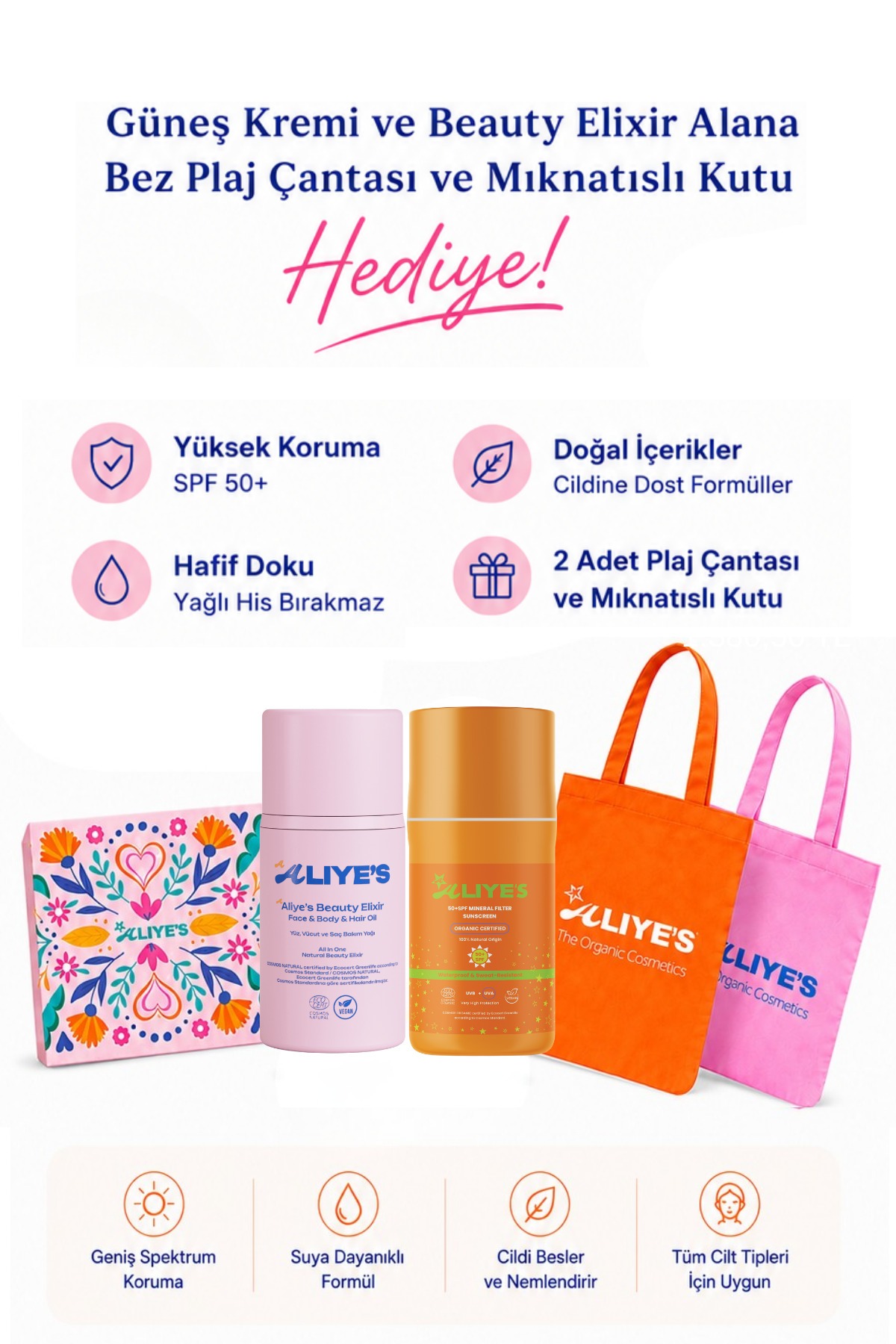 Aliyes Organik Güneş Kremi & Gece Yağı Seti – Hediye Mıknatıslı Kutu + Plaj Çantası — ALIYES Premium 001