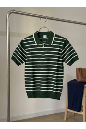 B&M % 100 Pamuk Premium Çizgili Yarım Fermuar Polo Yaka Triko T-Shirt