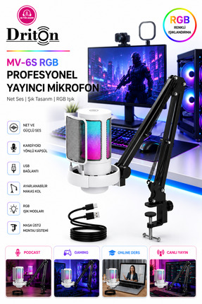 DRİTON Driton Youtuber Mikrofon Mv-6s BEYAZ Rgb Usb Oyuncu Yayıncı Ve Podcast...