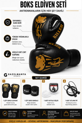 Genel Markalar Kıller Boks Eldiveni Seti Boxing Gloves Boks Bandajı Boks Dişl...