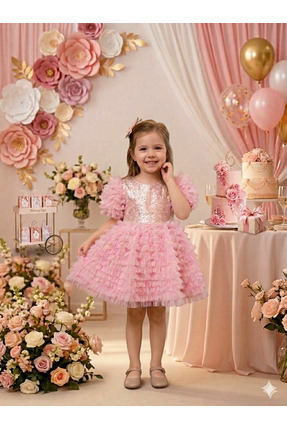 TOGY BABY VE KIDS WEAR Kız Çocuk Pembe Pullu Abiye Elbise