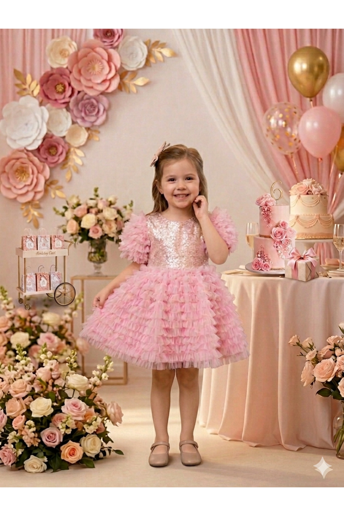 TOGY BABY VE KIDS WEAR Kız Çocuk Pembe Pullu Abiye Elbise