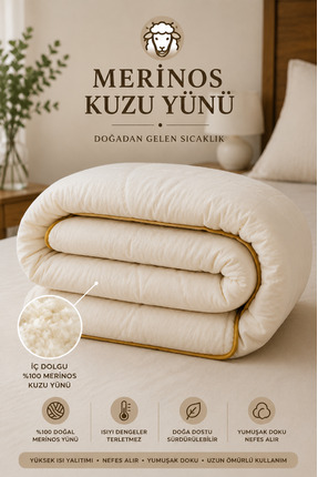 beyazlale Çift Kişilik Kuzu Yünü %100 Doğal Yorgan | Özel Çantalı Organik Mer...