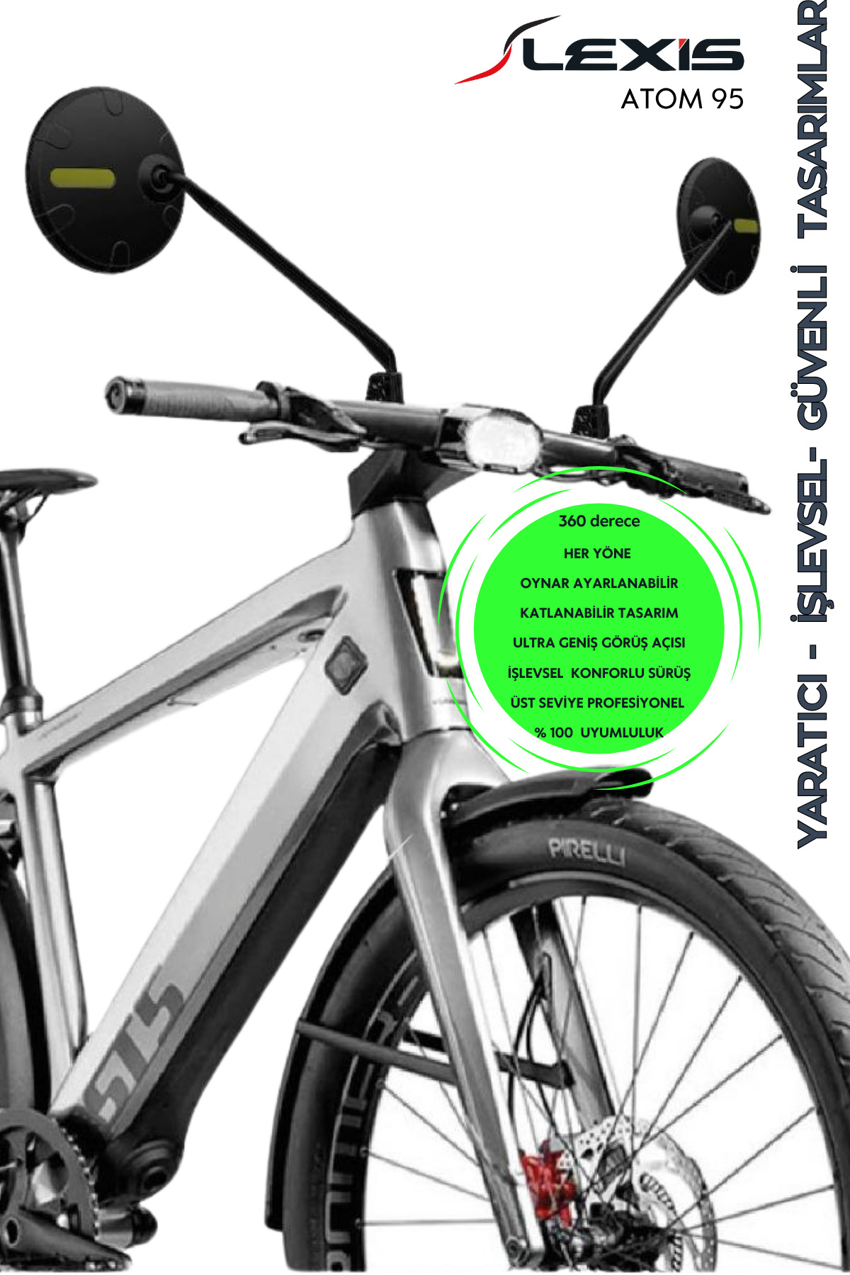 LEXİS Atom 95 Bisiklet/Elektrikli Scooter /Gidon üstü Aynası Ultra Optik Görüntü Geniş Bombeli Açı /E-Bike/Atv/Motosiklet Aynası