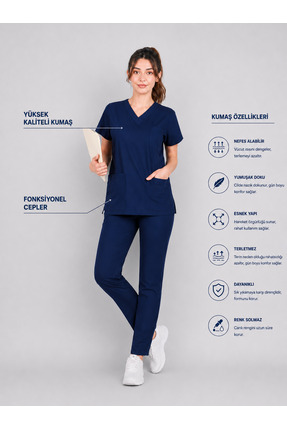 STİLMED Üniforma Lacivert Hemşire ve Doktor Forması Scrubs Takımı Likralı Alt...