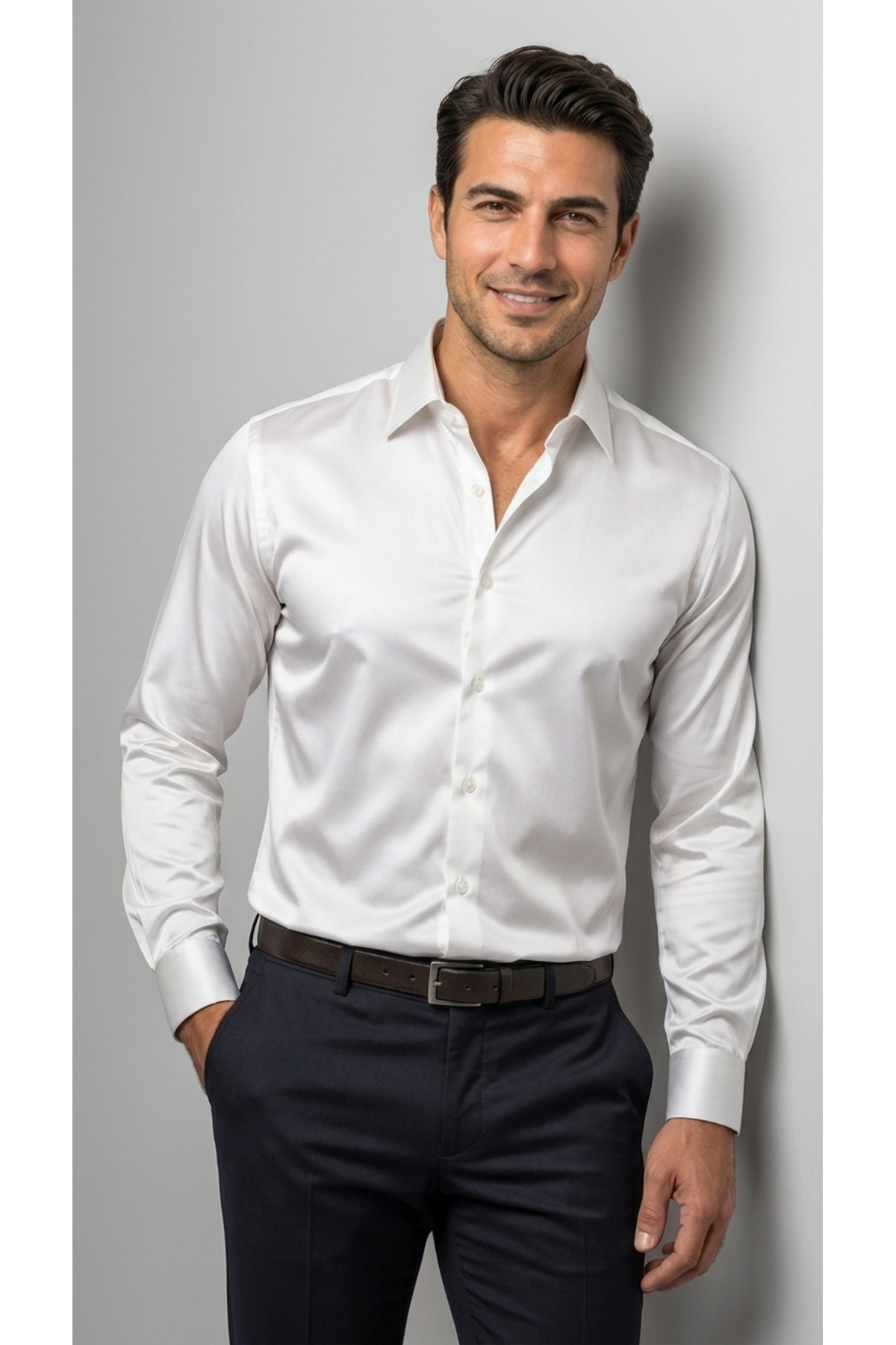 viyamen Erkek Slim Fit Klasik Saten Gömlek Uzun Kollu Modern Kesim görsel 3