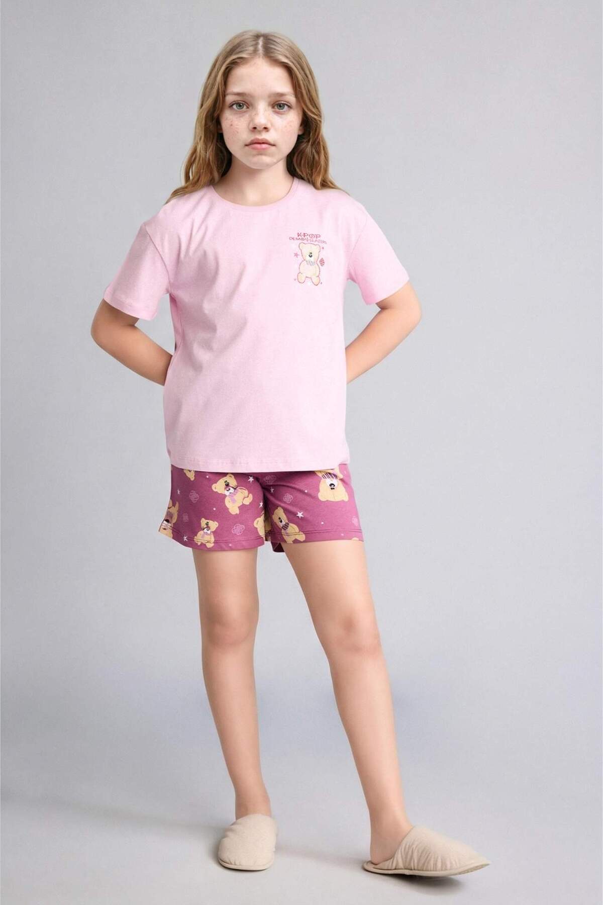 Defacto 100% Cotton Kpop - Demon Hunters Relax Fit 2-Piece Pink Pajama Set for Girls H8497A826Sm