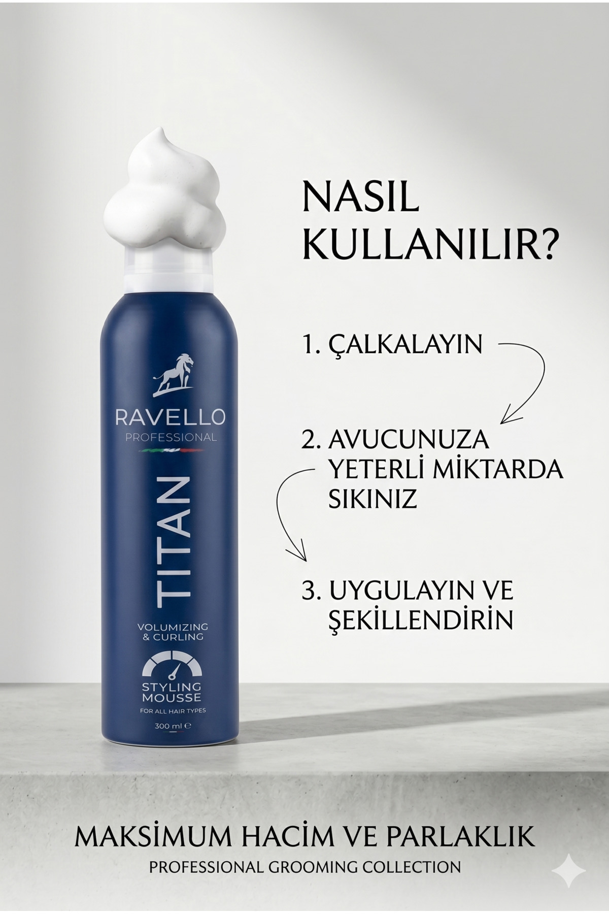 Professional Titan Erkek Saç Şekillendirme Köpüğü Güçlü Tutuş & Maksimum Hacim 300 ml — RAV-HAI-MOS-300 — تصویر 2 از 3