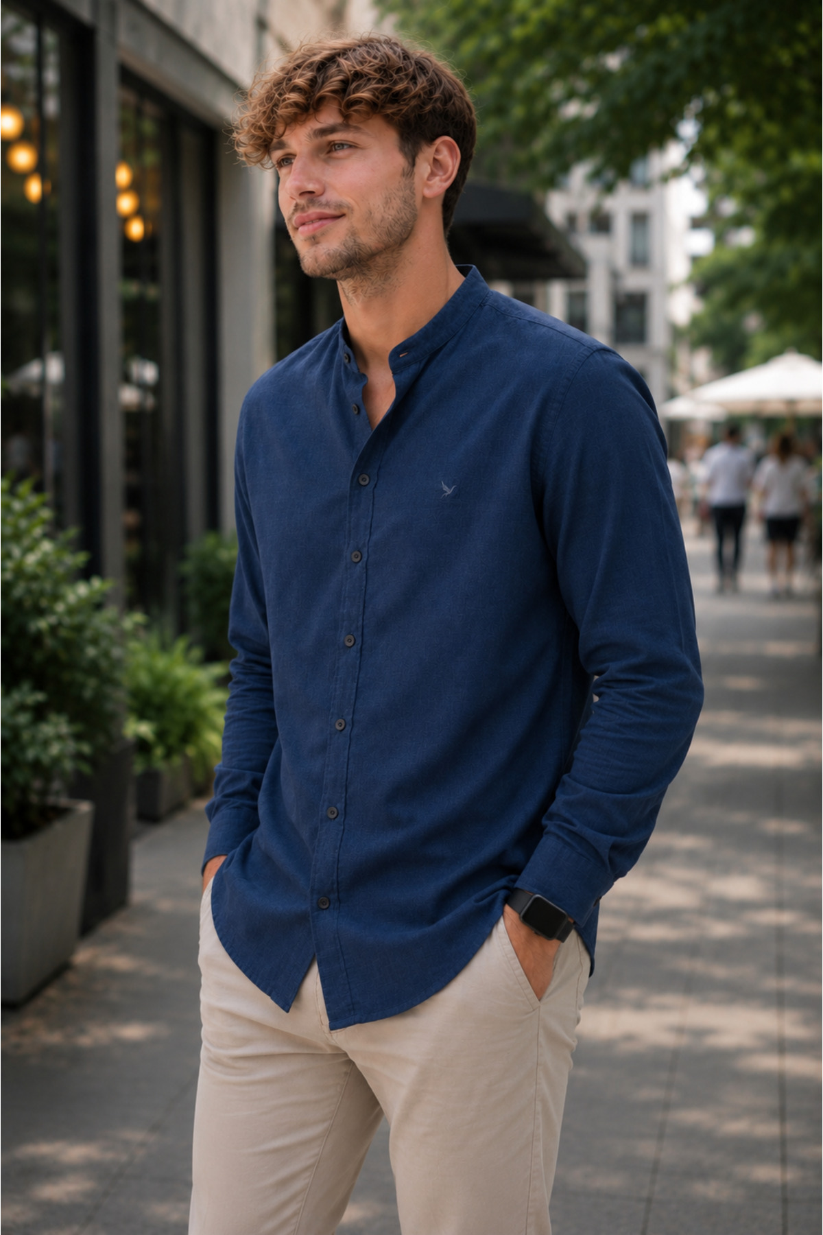 EMPEROR APPAREL Erkek Armürlü Hakim Yaka Müslin Gömlek - Lacivert