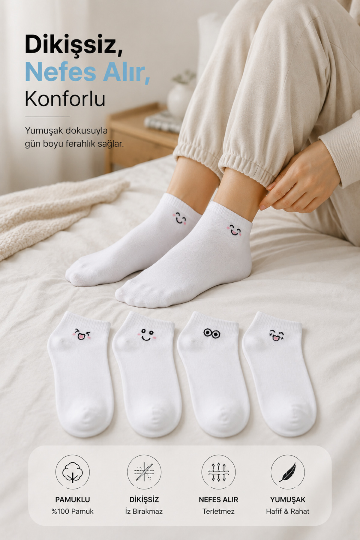 Cotton White Seamless 4-Pack Emoji Patterned Women's Socks