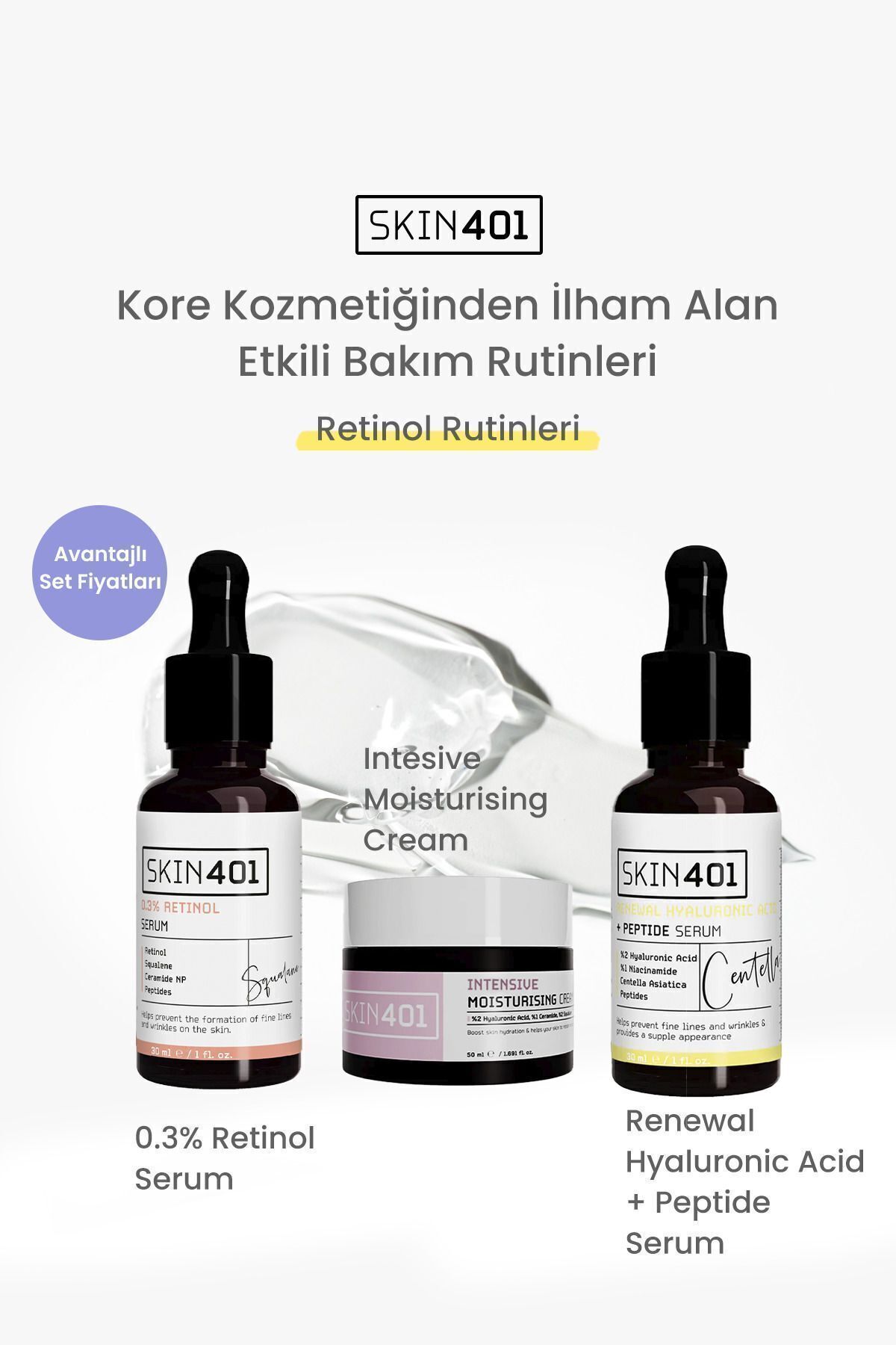 Retinol Sandviç Metodu Bakım Rutini (%0.3 Retinol, Hyalüronik Asit + Peptit ve Yoğun Nemlendirici) — Skin401-135 — تصویر 3 از 3