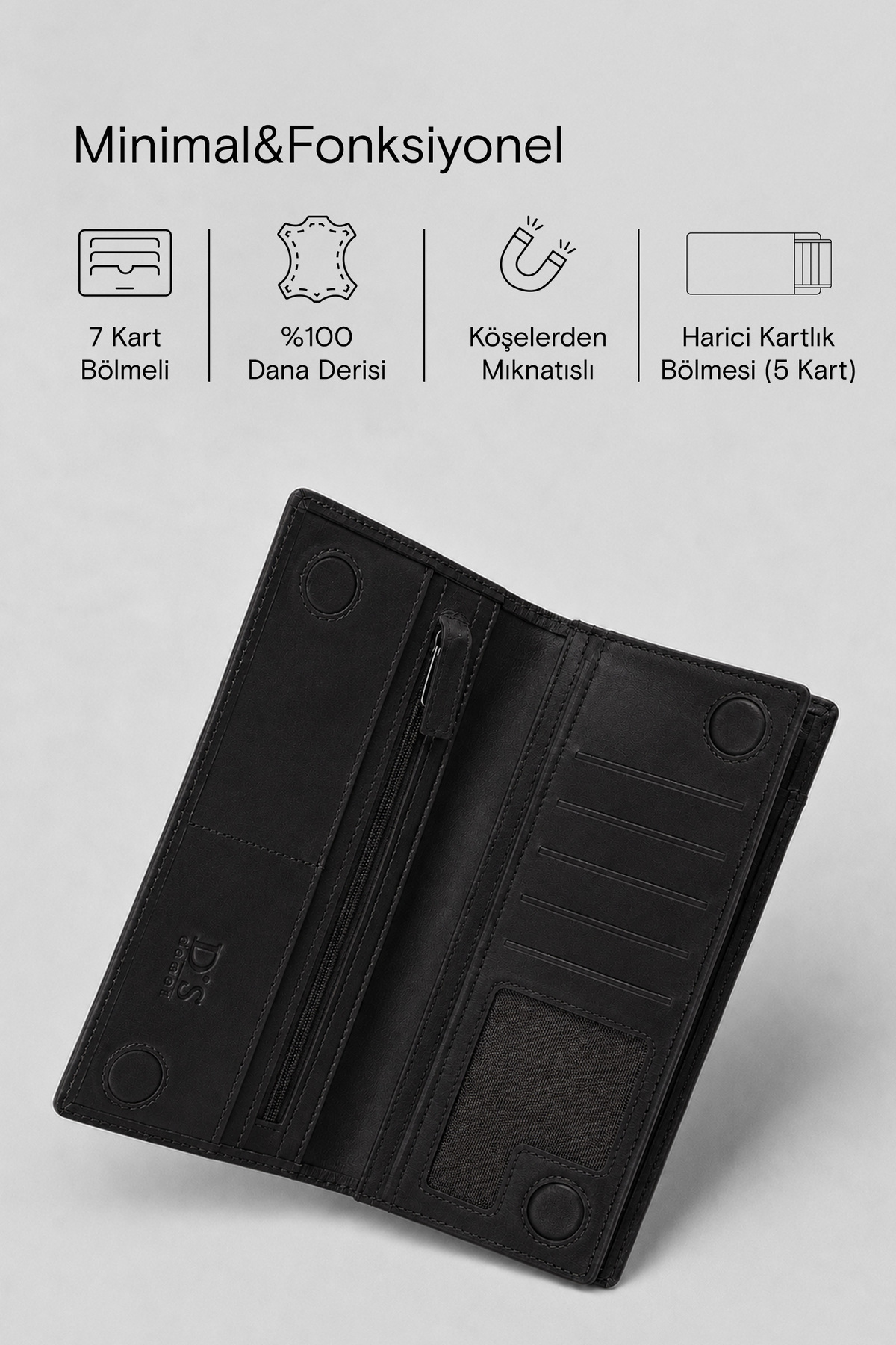 کیف پول بلند با بخش تلفن Ds Damat مشکی از 100% چرم طبیعی