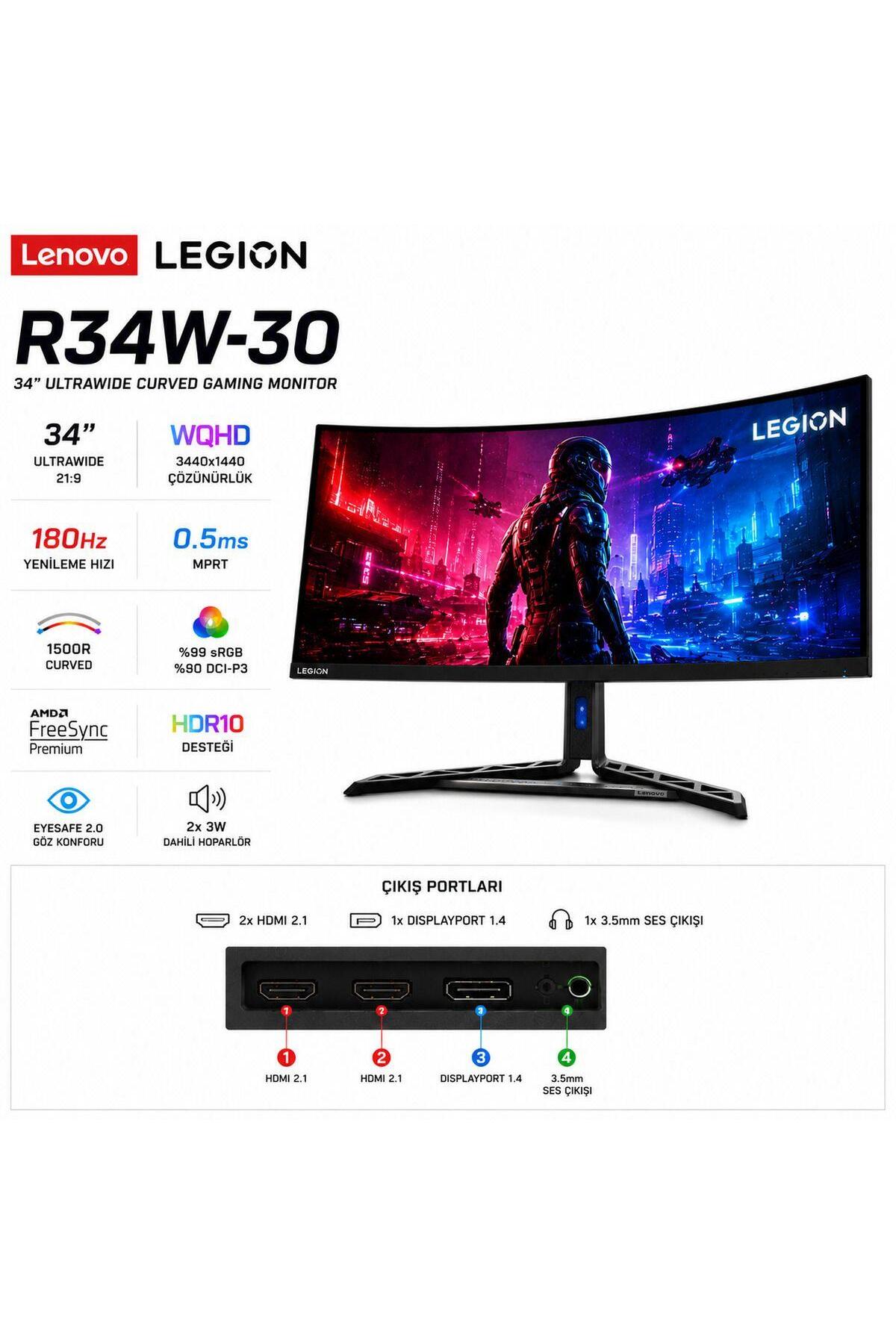 LENOVO Legion R34W-30 34 Inç 0.5 Ms 180 Hz Wqhd Curved Monitör