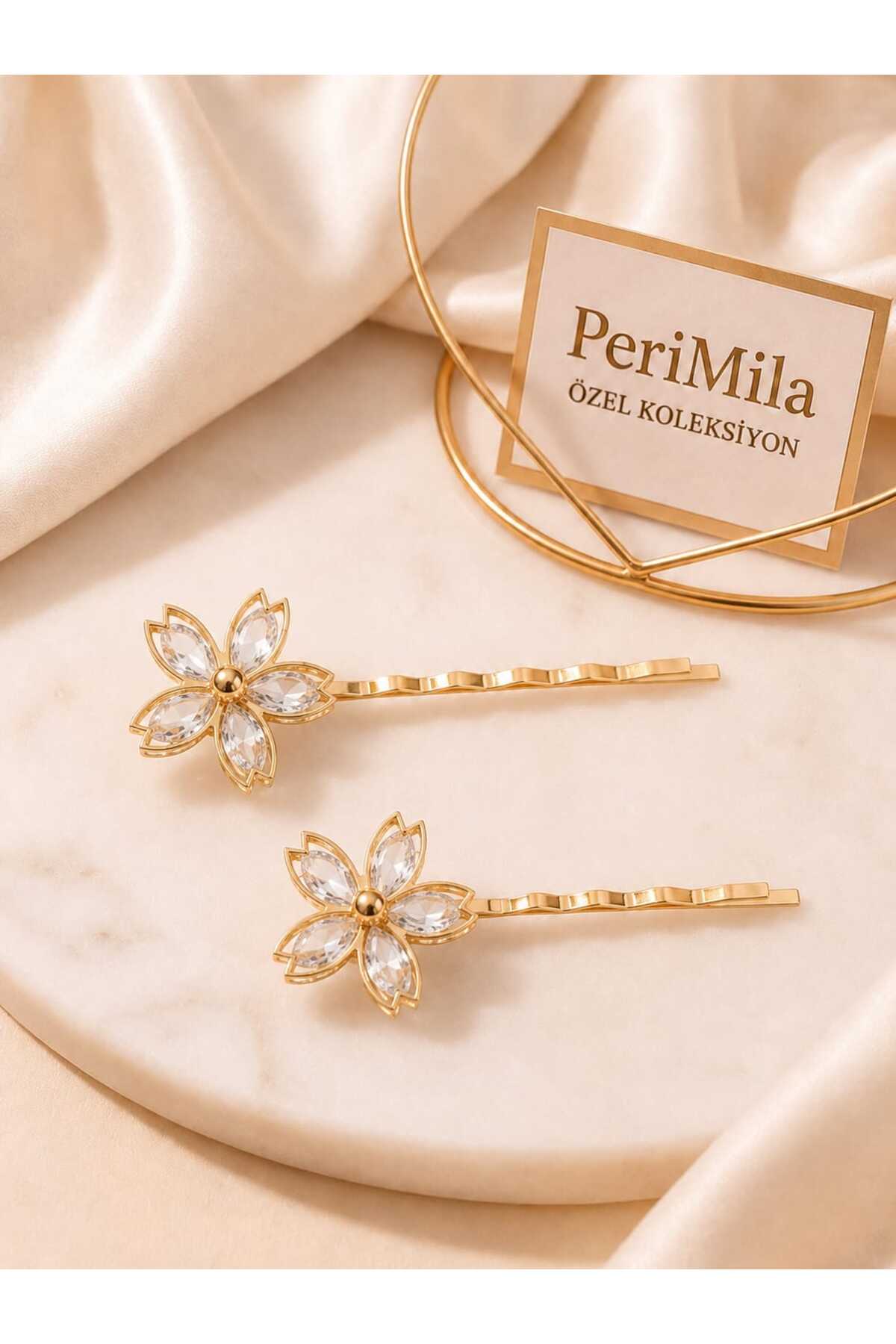 PeriMila Kadın Gold Kristal Zirkon Taşlı Çiçek Figürlü Tel Toka Seti 2'li Saç Aksesuarı