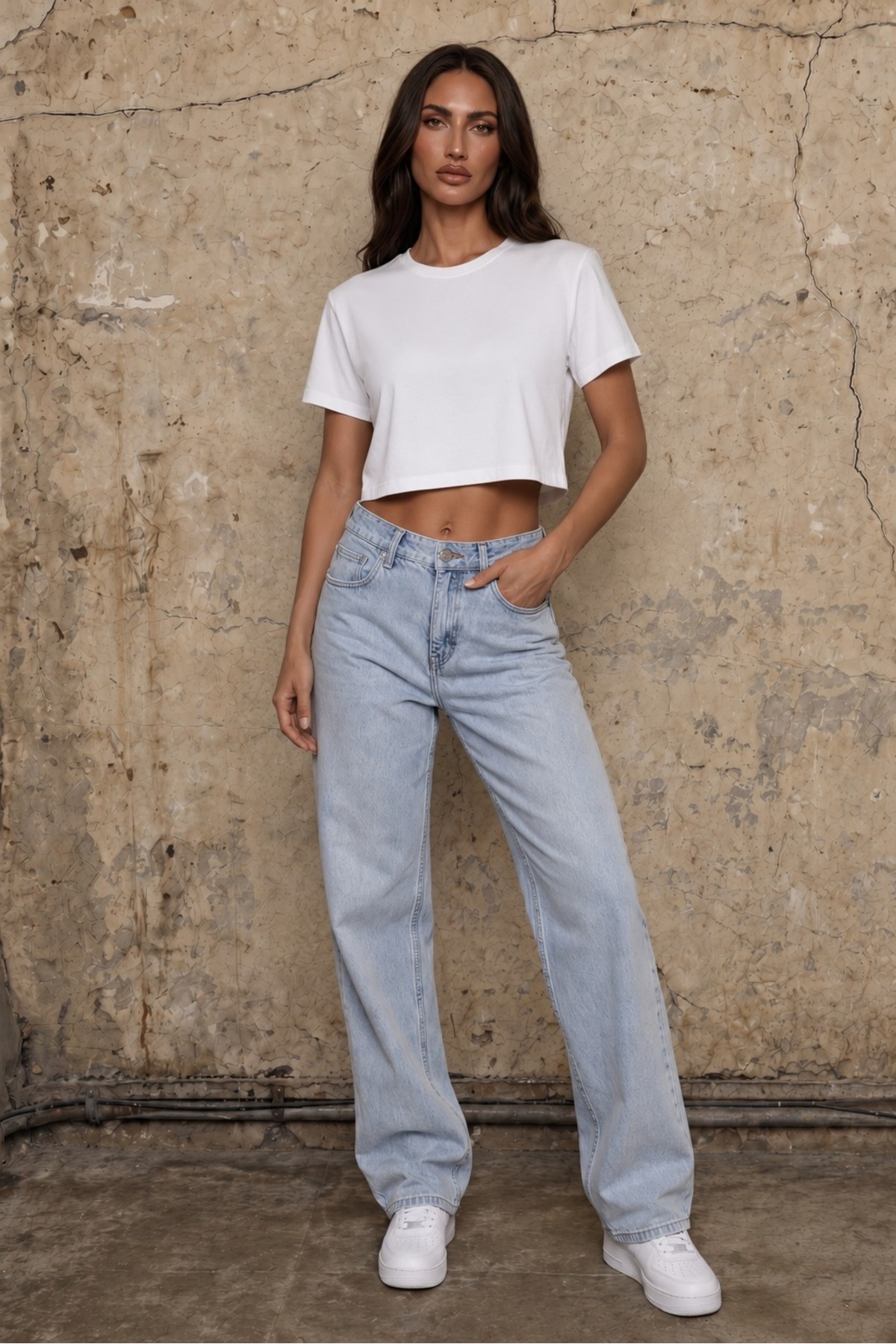 Kadın Yuvarlak Yaka Relaxed Fit Kısa Kol Basic Crop T-Shirt BEYAZ 7