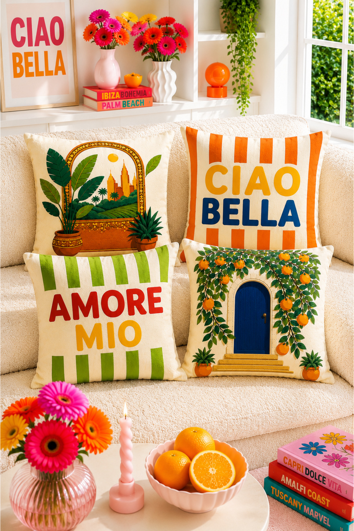 Ays Home Ciao Bella Italian Pattern Orange Green House Garden Pillow Case Set of 4 (Double Sided Printed)