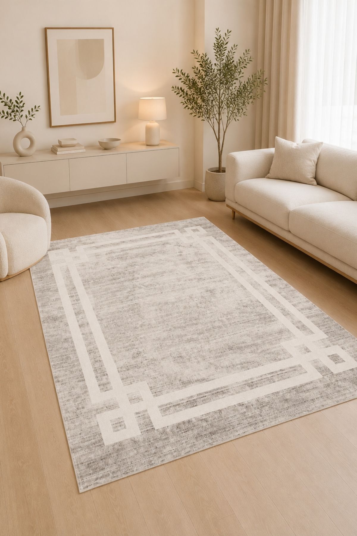 Border Patterned Washable Anti-Slip Base Chenille Anthracite White Living Room Rug 4020