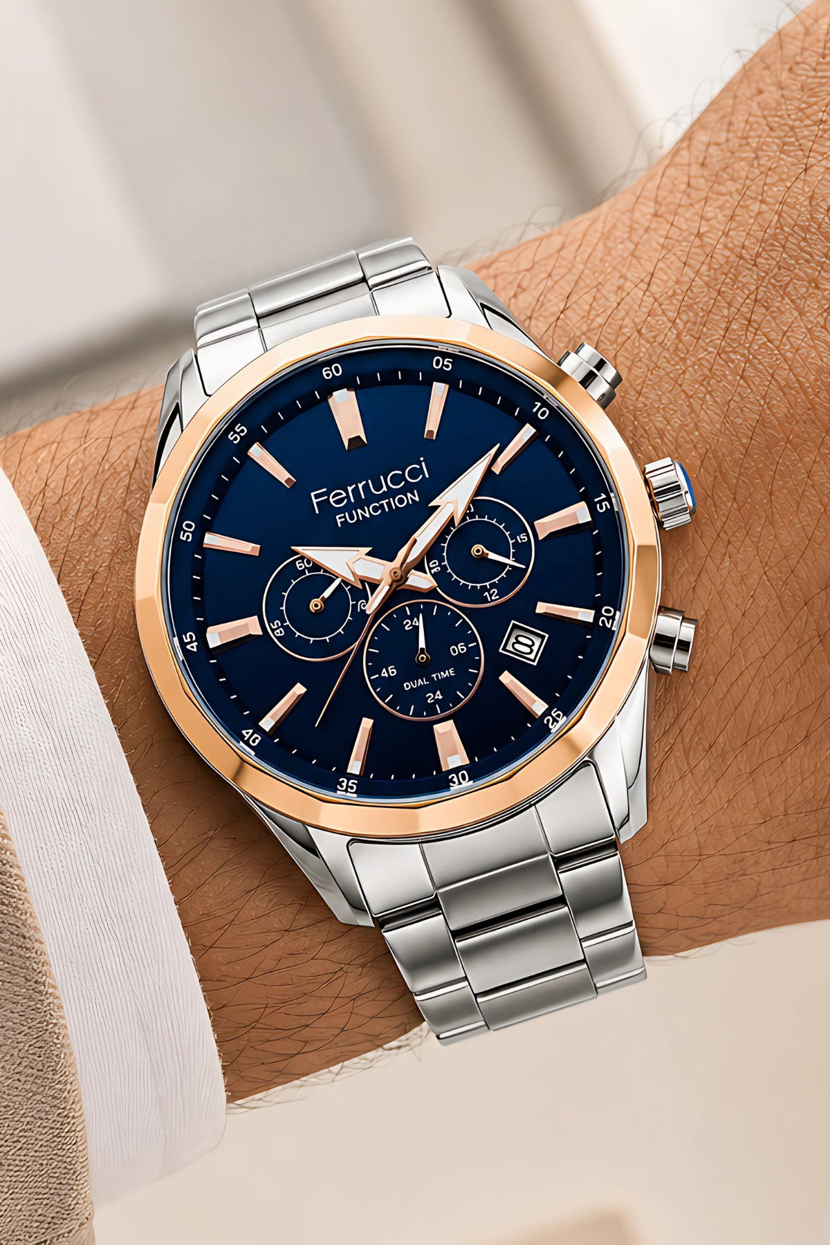 Ferrucci Function Gümüş Renk Çelik Kordon Rose Kasa Erkek Kol Saati 3 Atm Suya Dayanıklı ZMFER041