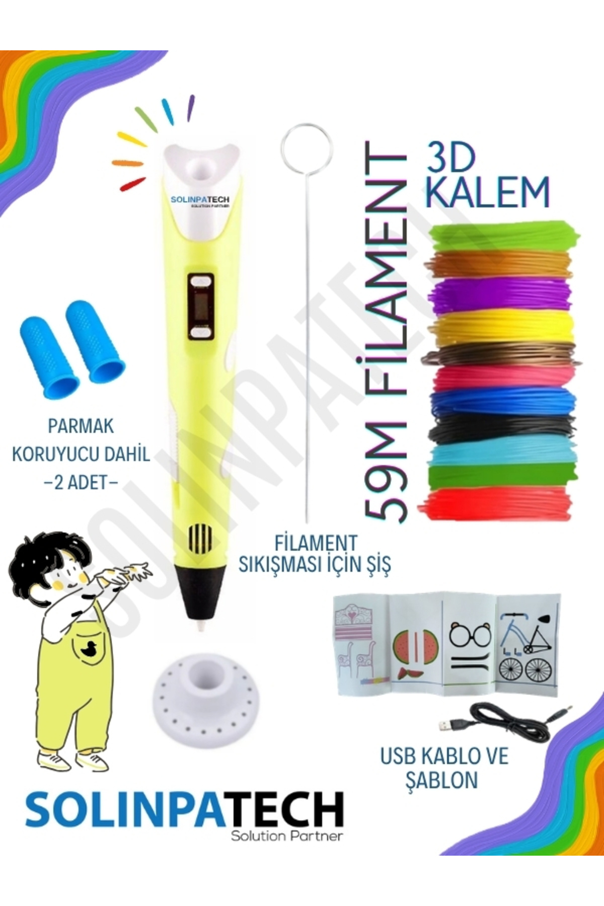 Yellow 3d Pen 3d Pen Printer Pen | Multicolor (TOTAL 59 METERS) Filament Usb Cable