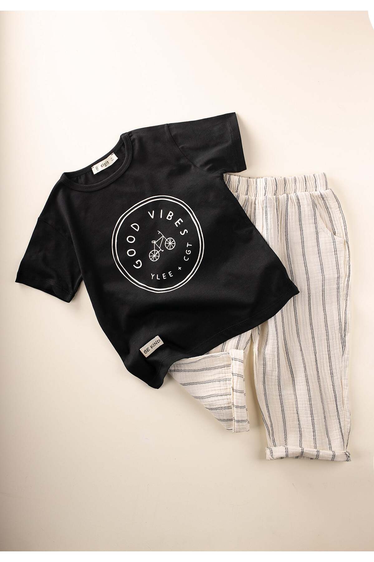 Cigit Cycling Printed Striped Muslin Pants Set 2-10 Years Black
