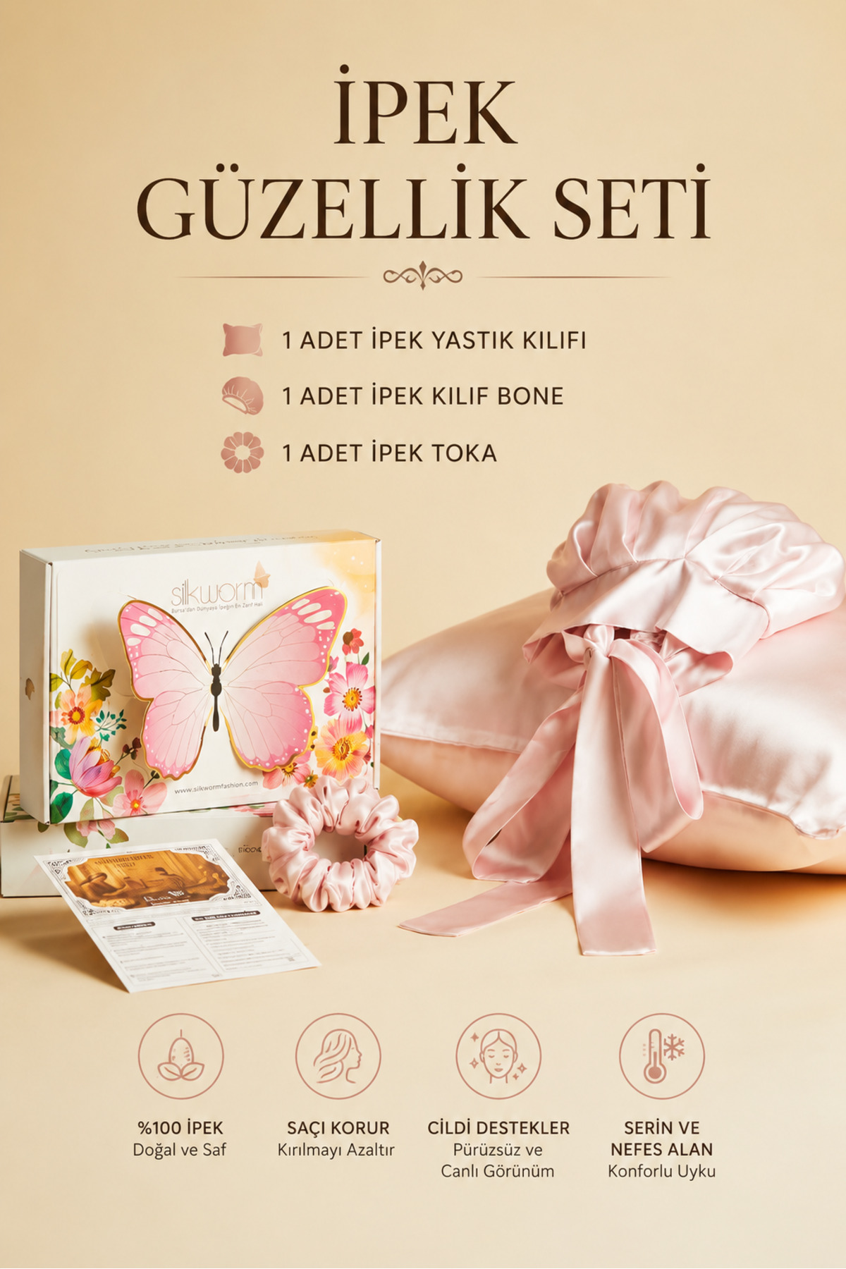 Silkworm Life 100% Silk Beauty Set โ Pillow Case (50x70) + Silk Bonnet + Silk Buckle | Hair & Skin Care Set