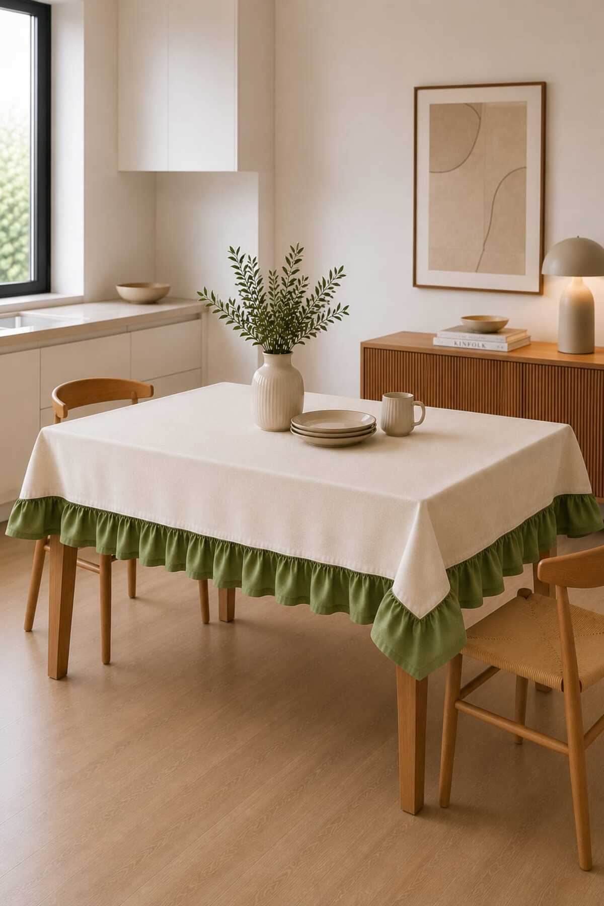 Double Color Ruffled Beige Natural Vintage - Soft Linen Series Kitchen Living Room Tablecloth- Dowry