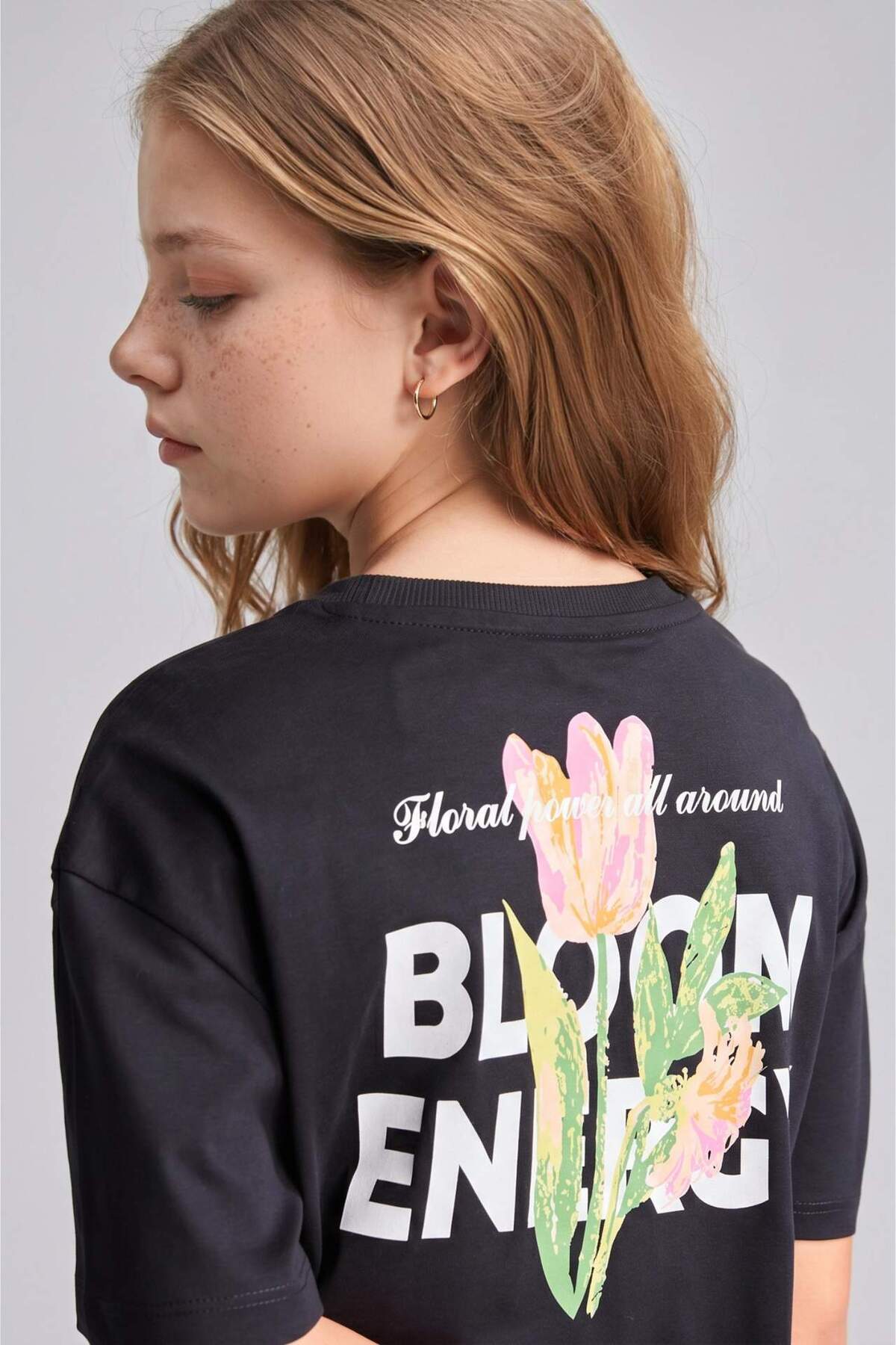 Defacto 100% Cotton Short Sleeve Anthracite Back Printed Floral T-Shirt Girls I0434A826Sm