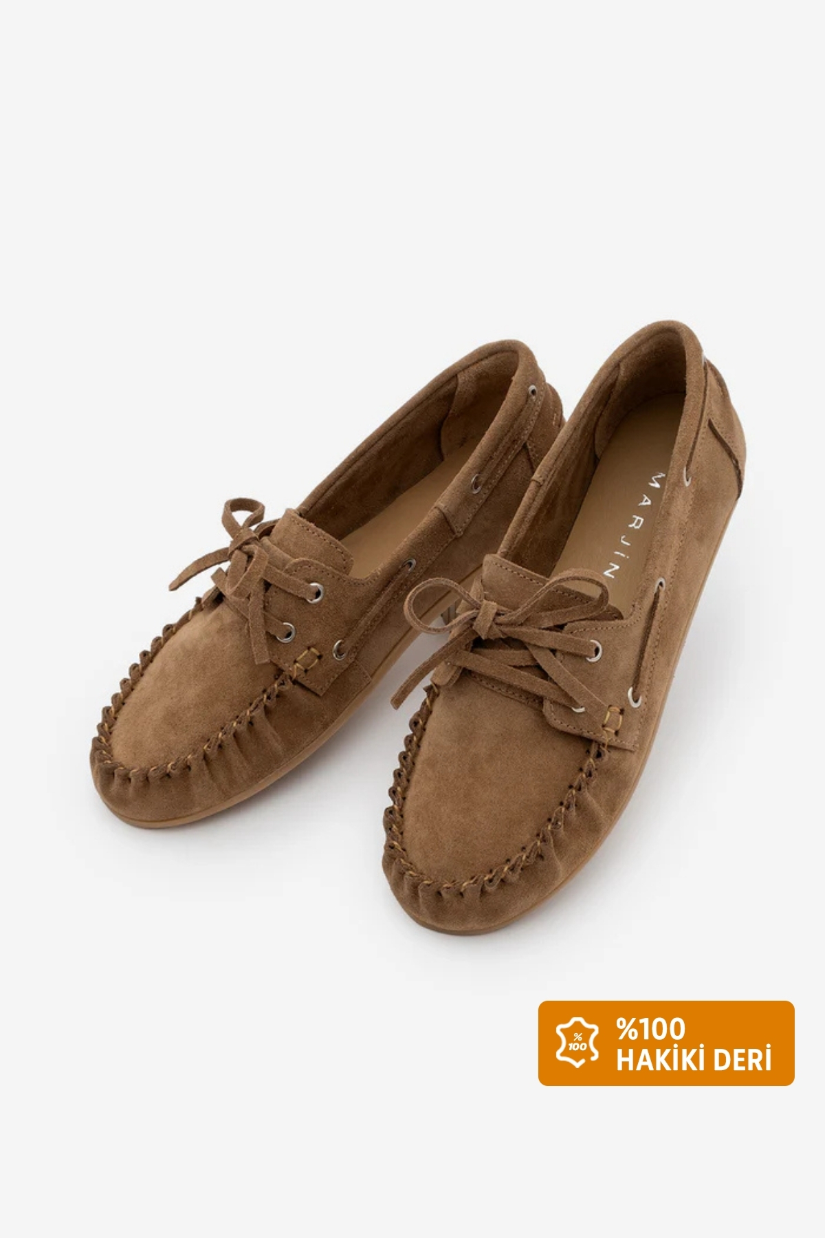 Marjin Kadın Oval Burun Hakiki Deri Bağcıklı Makosen Büzgülü Loafer Günlük Ayakkabı Rudez Camel Süet