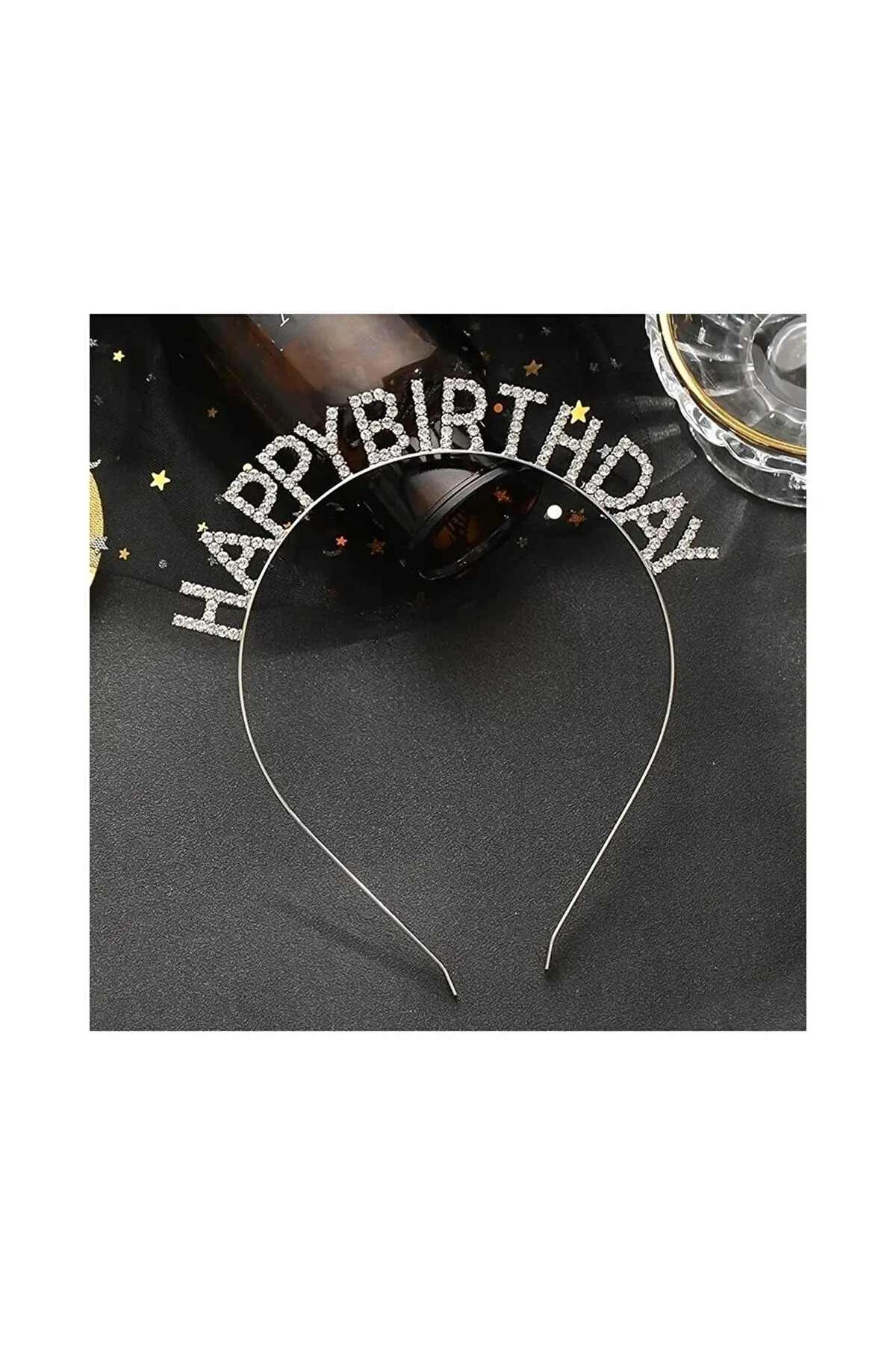Kristal Gümüş Taşlı Happy Birthday Doğum Günü Tacı