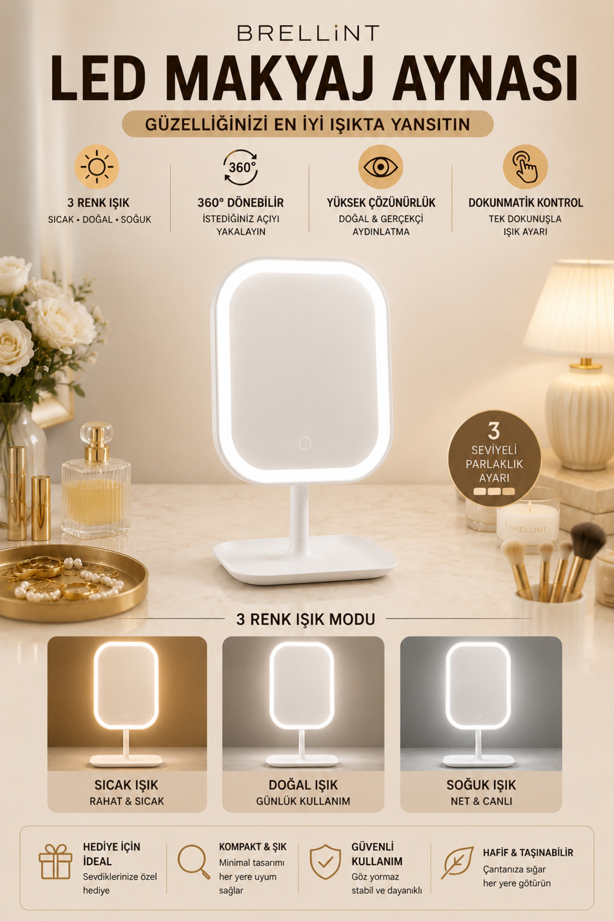 LED Işıklı USB Şarjlı Dokunmatik Makyaj Aynası 3 Renk Işık 360° Döner Masaüstü Beyaz Kozmetik Aynası