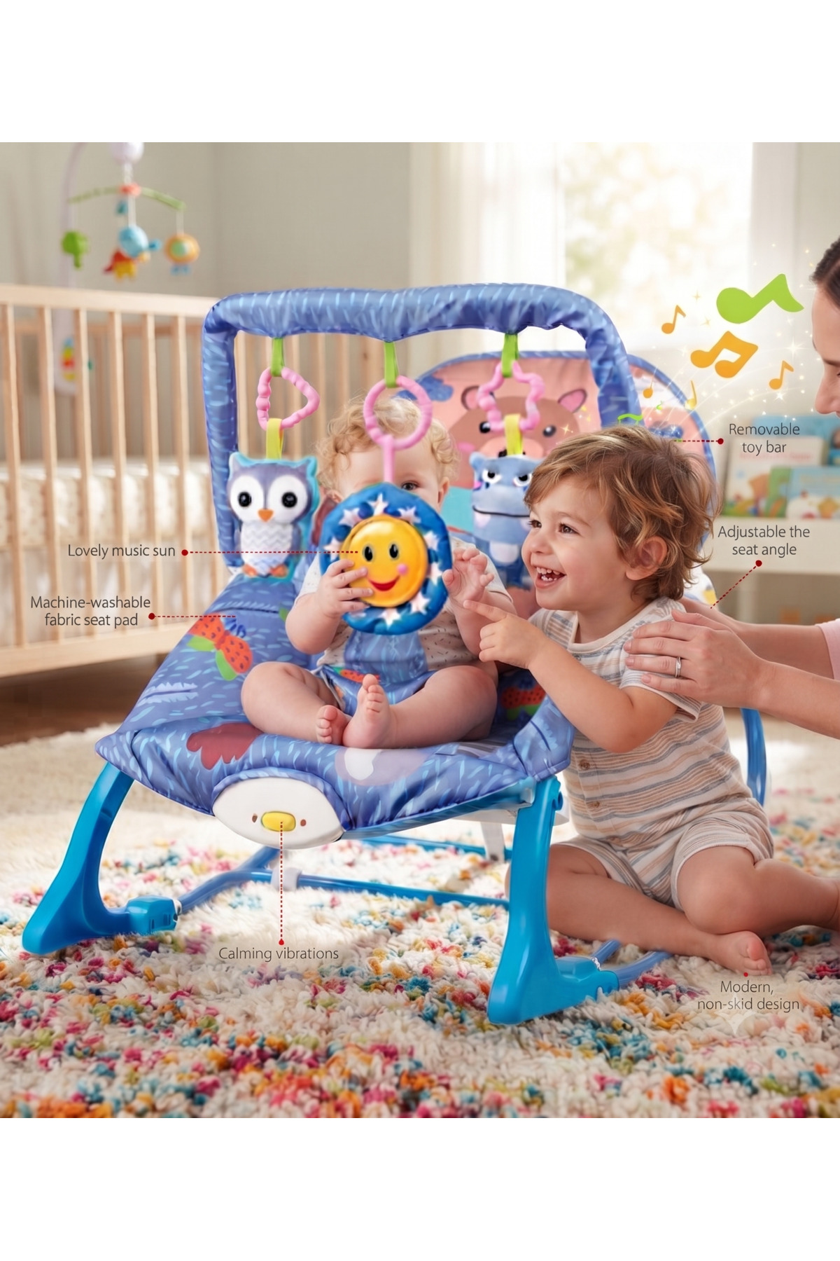 Foldable Baby Rocking Chair With Music Vibration And Hanging Toys, CH988,