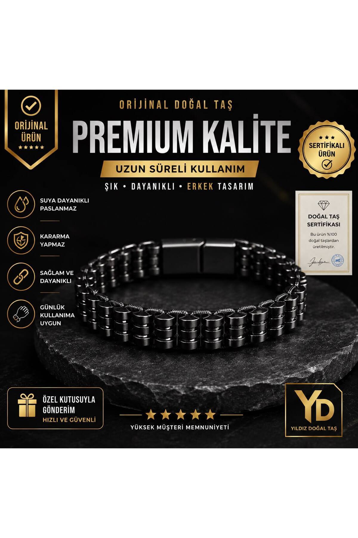 CERTIFIED Hematite Stone Stylish Men's Black Natural Stone Bracelet Magnet and Lock Closure