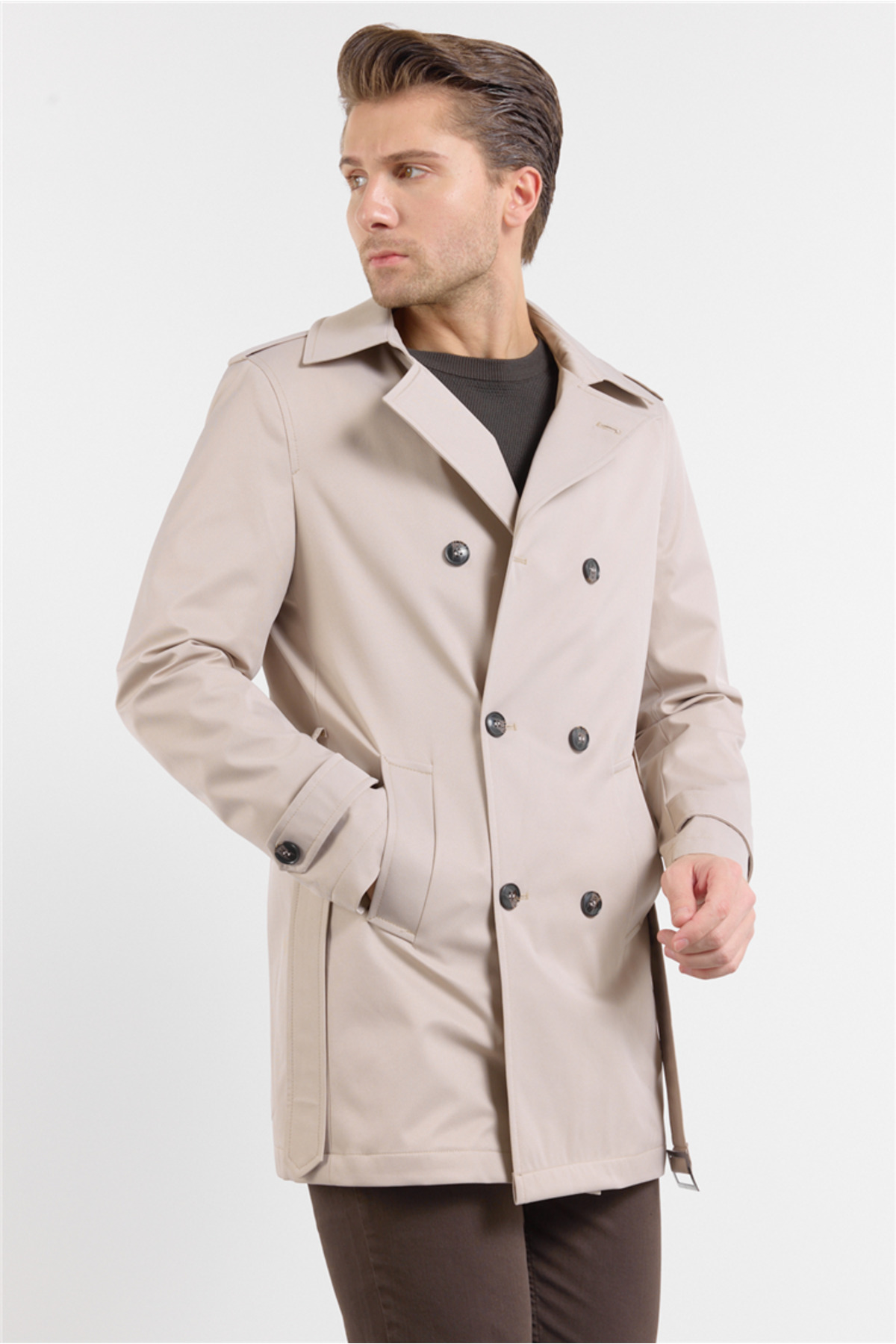 İmza Erkek Koyu Bej Mono Yaka Düz Classic Comfort Fit Pardesü 1006260150 görsel 6
