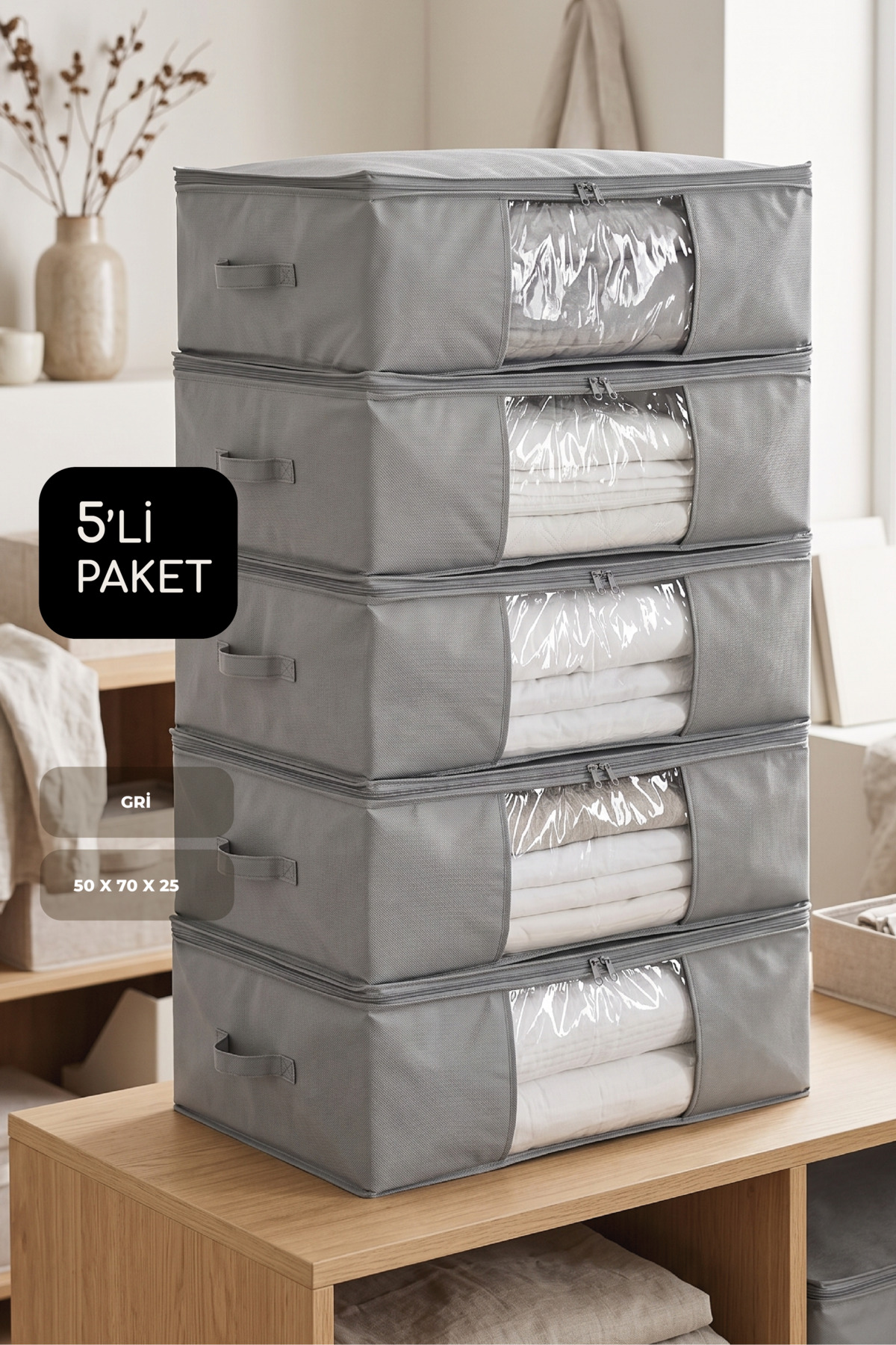 5-Piece 70x50x25 Cm Set Under Base Organizer Big Size Hatchback Grey
