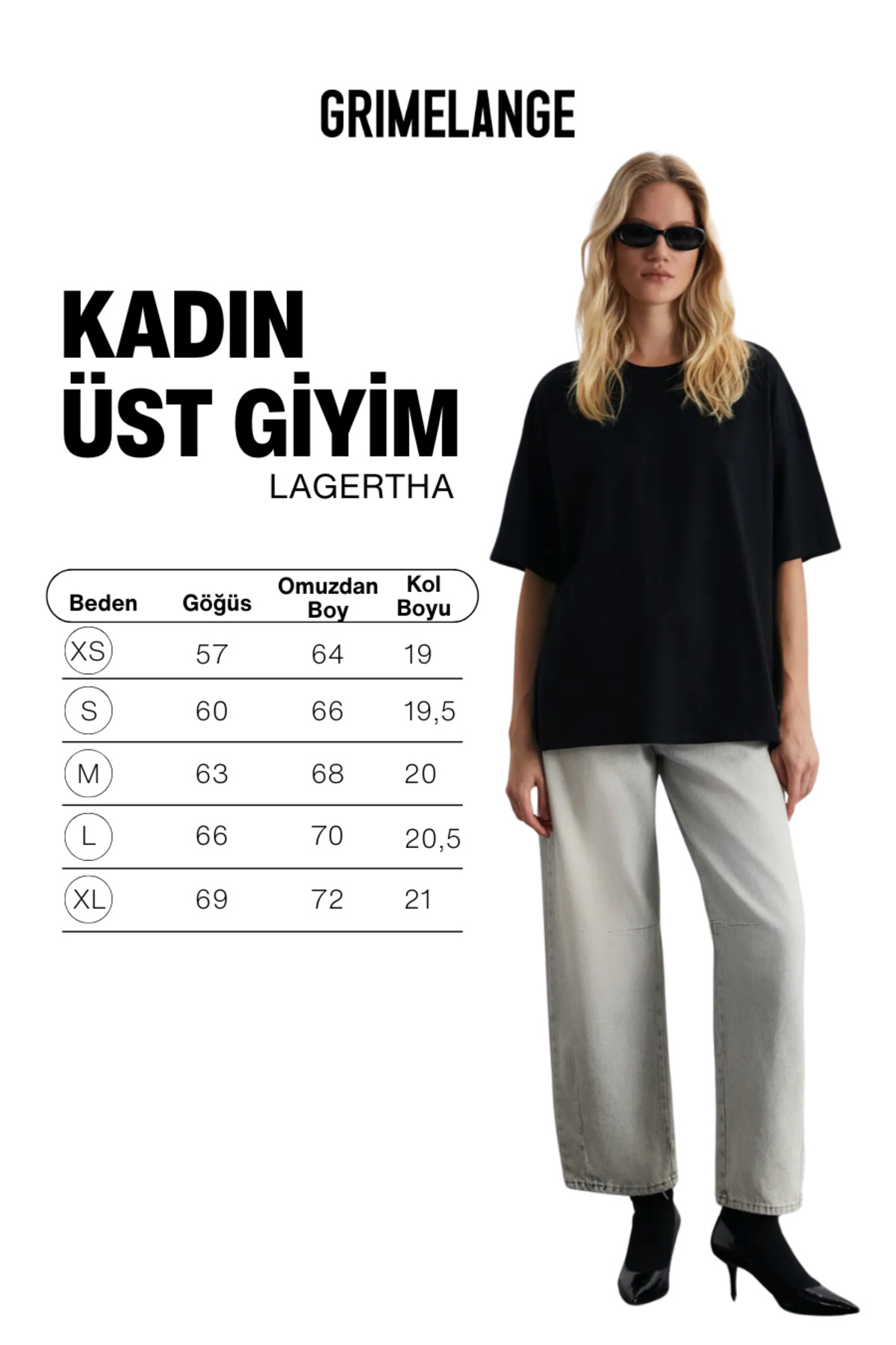 GRIMELANGE Lagertha Kadın %100 Organik Pamuklu Kalın Dokulu Oversize Fit Yuvarlak Yakalı Siyah T-shirt görsel 8