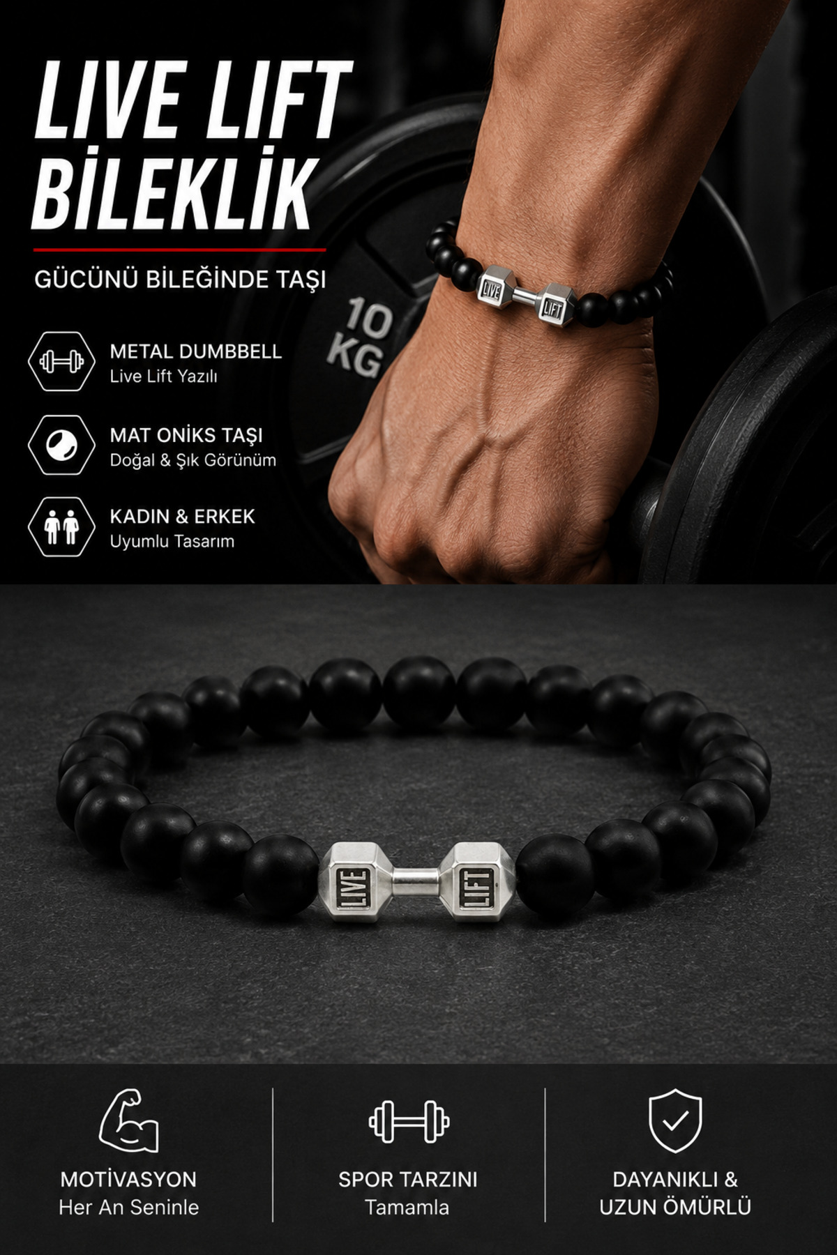 Kusakli Unisex Dumbell Ağırlıklı Sporcu Mat Oniks Doğaltaş Bileklik 72432BL