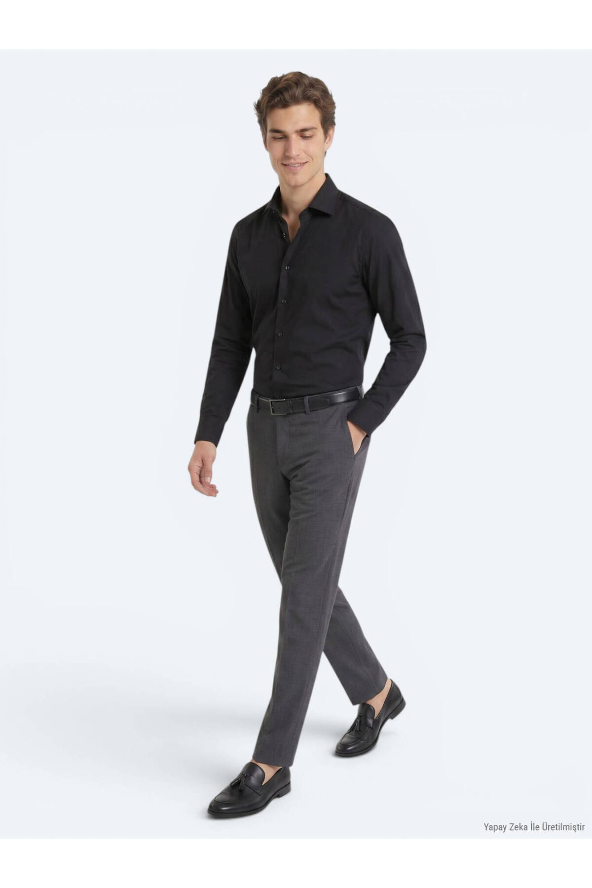 Kip Siyah Regular Fit Uzun Dokuma Casual Pamuk Karışımlı Gömlek görsel 3
