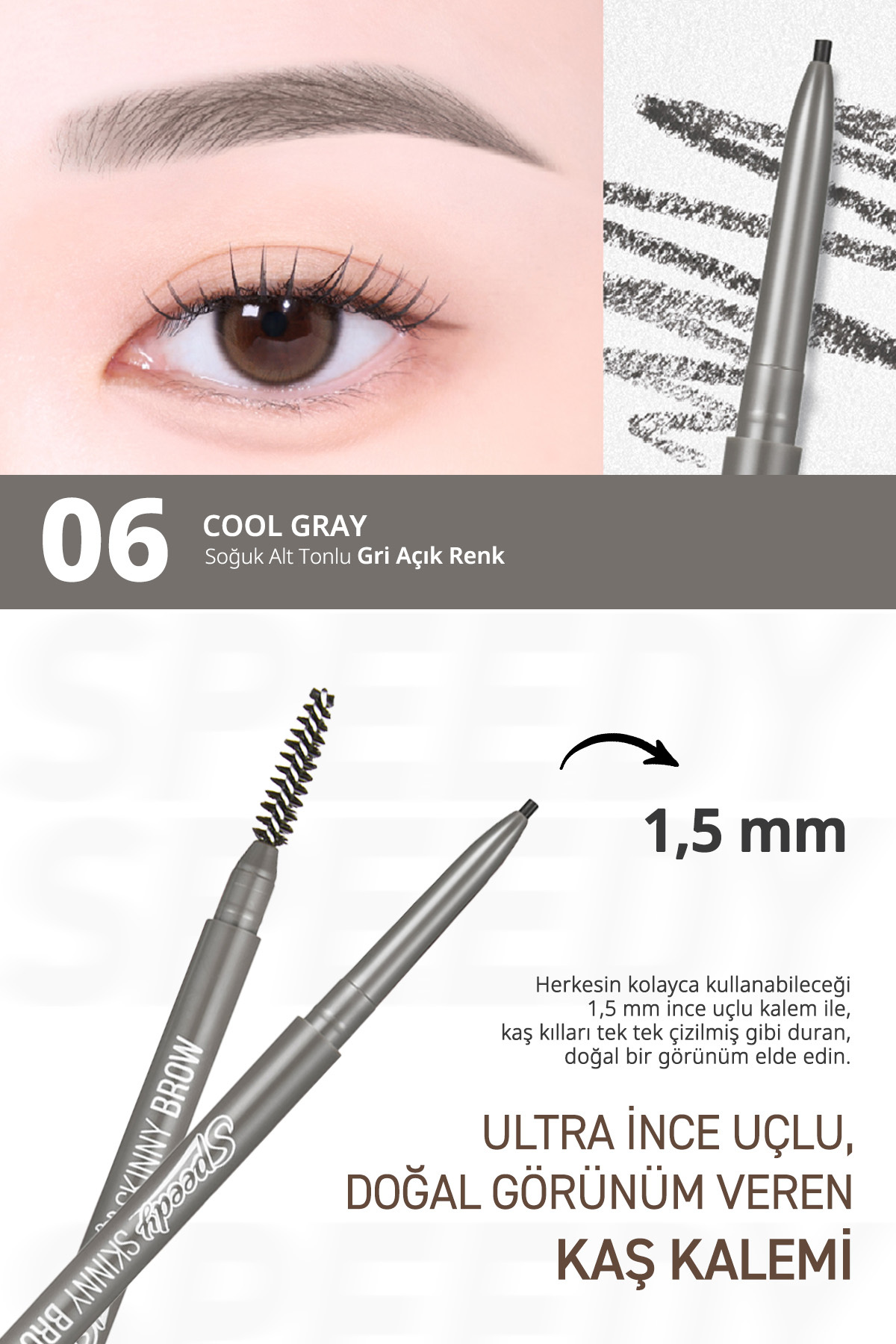 Ultra İnce Uçlu, Doğal Görünüm Veren Kaş Kalemi PERIPERA Speedy Skinny Brow (6 Cool Gray) — نارنجی 6342 — تصویر 2 از 8