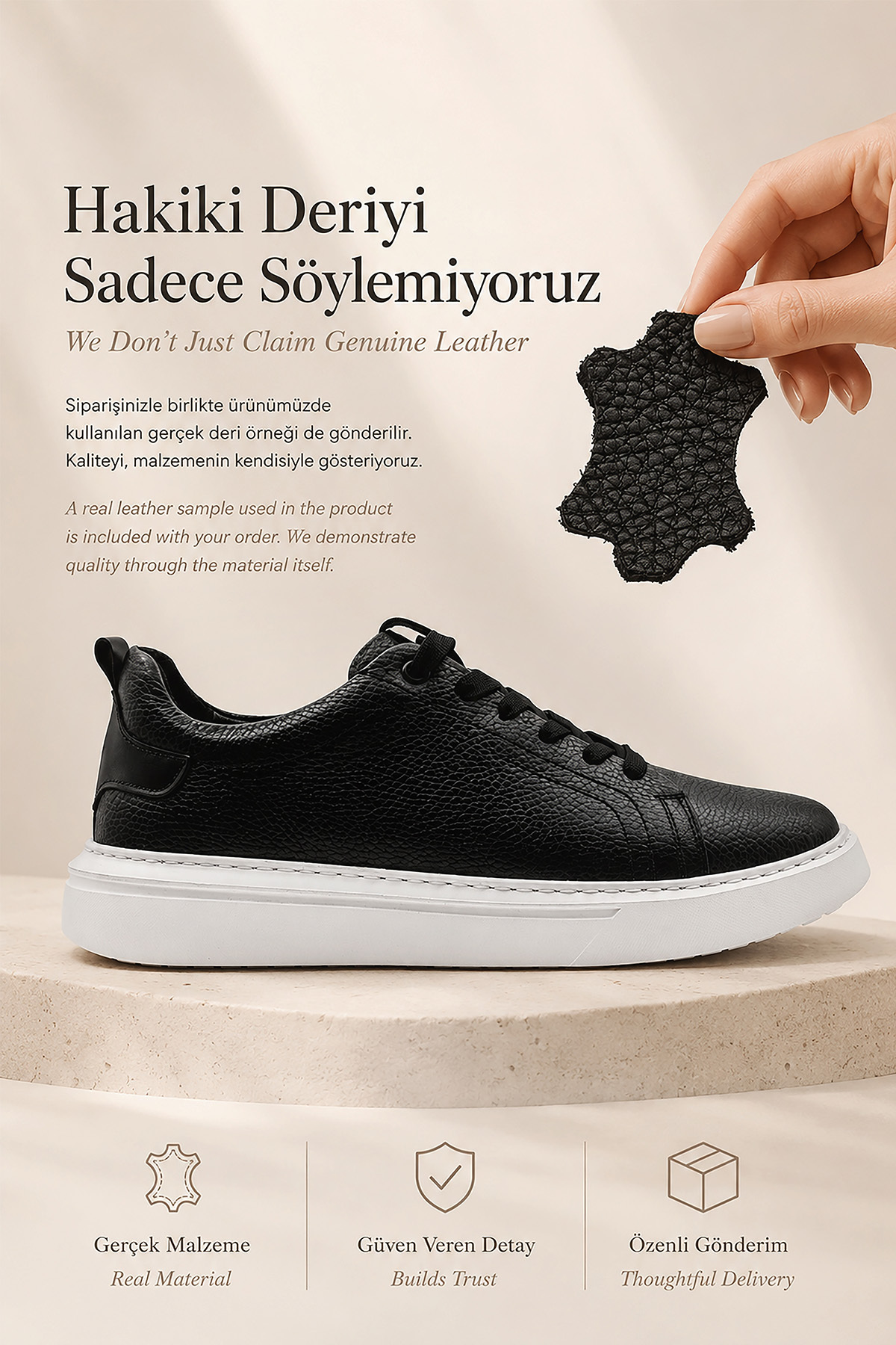 ventro Siyah 100%Hakiki Deri Erkek Spor Sneaker Ortopedik Tabanlı VT27 görsel 4