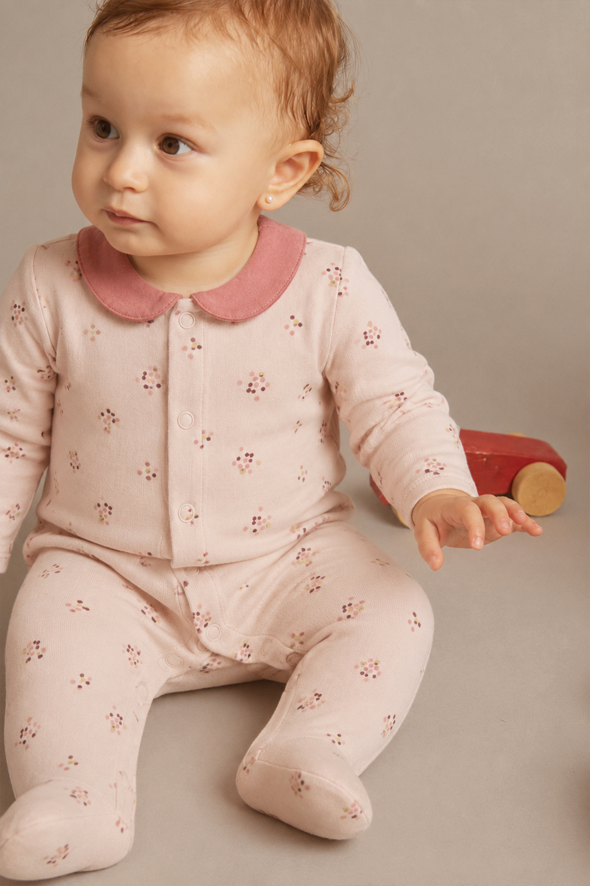 Cigit 0-9 Months Powder Pink Crispy Floral Print Baby Collar Jumpsuit