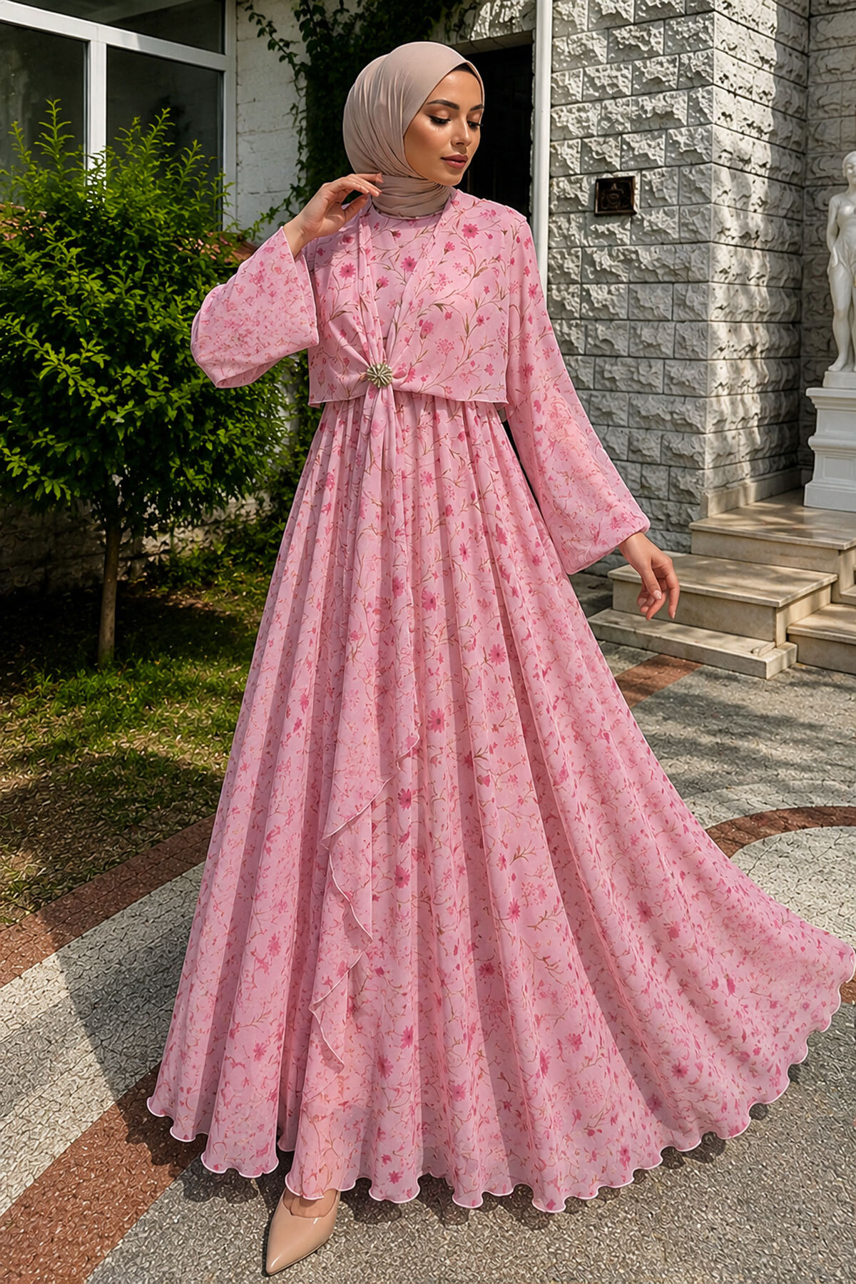 Tesettür Dünyası Çiçek Desenli Tokalı Şifon Elbise TSD260256 Pembe görsel 5