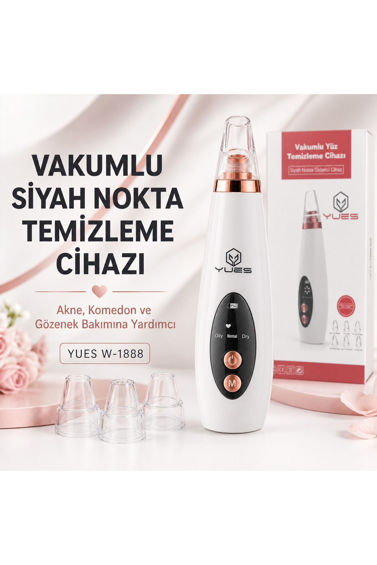 W-1888 Vakumlu Siyah Nokta Temizleme Cihazı, Akne Komedon Gözenek Bakımı, 3 Mod, 6 Başlık — تصویر 3 از 9