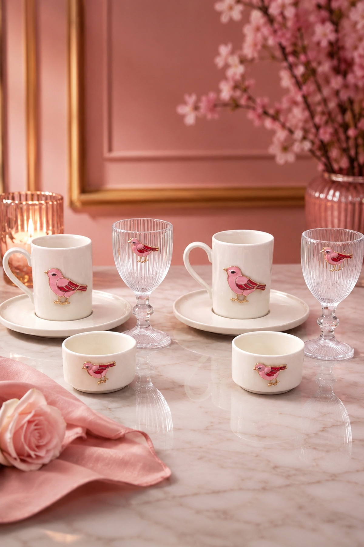 YzHome 2-Person Porcelain Bird Cup Set and 2 Turkish Delight Bowls with Porcelain Birds and 2 Glass Cups