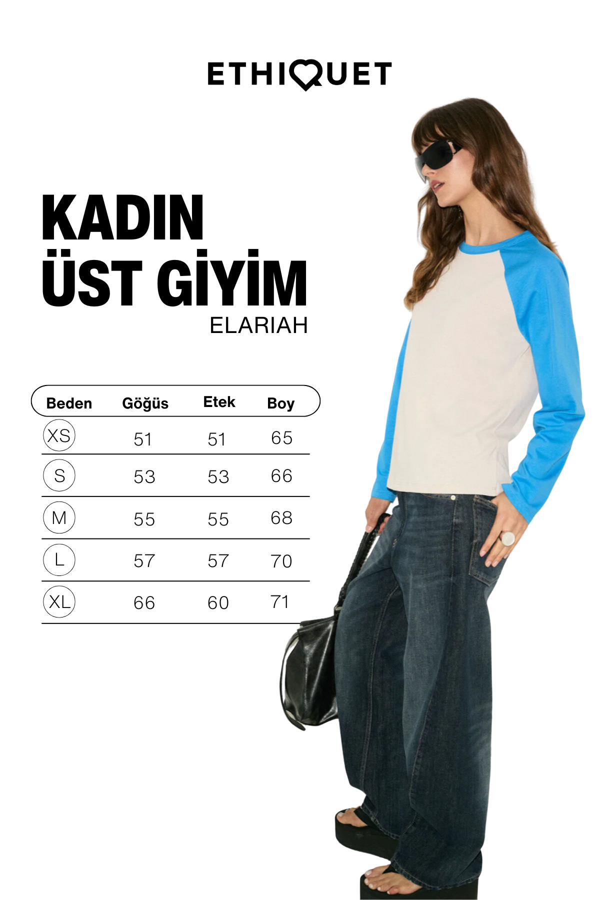 ETHIQUET ELARIAH Kadın %100 Organik Pamuklu Kontrast Kol Renkli Oversıze Uzun Kollu Saks Mavi T-Shirt görsel 4