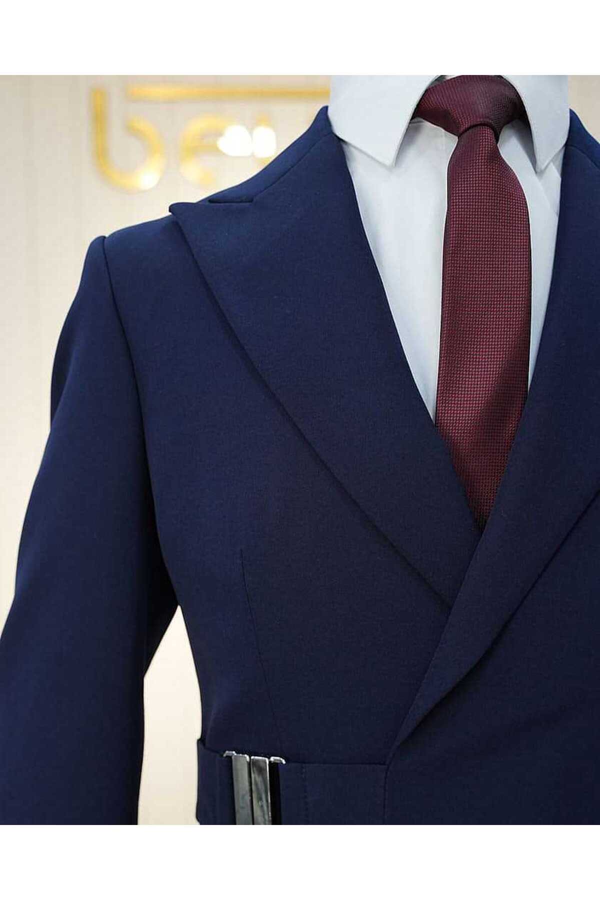کت و شلوار اسلیمفیت نیروی دریایی مردانه با کمربند سگک دار — رنگارنگ ST01266-Navy — تصویر 3 از 5