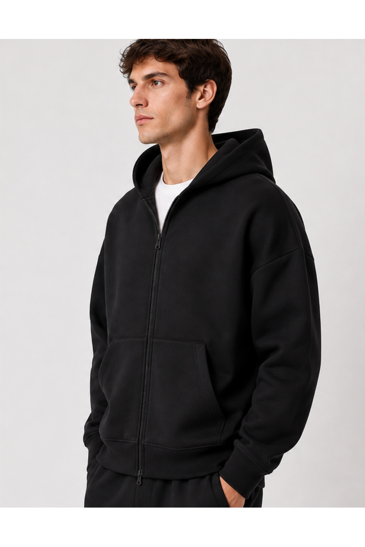 Erkek Siyah Kapüşonlu Fermuarlı Oversize Sweatshirt Kışlık Okul Hırkası Şardonlu Baskılı — مشکی DEEPHIRKA — تصویر 2 از 8