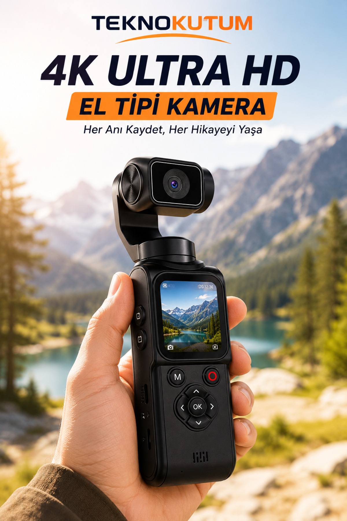 TEKNOKUTUM 4K Ultra HD Motorlu Akıllı Yüz Takipli El Tipi Kamera – 64MP – 2 Eksenli Gimbal – 330° Otomatik Takip – 1.7” Dokunmatik Ekran